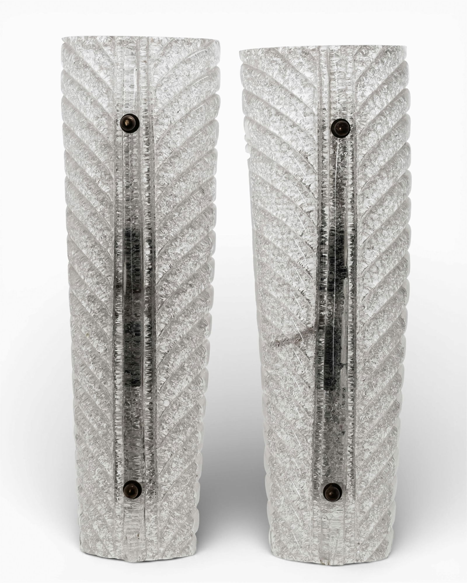 Pair of Important Mid-century Italian Murano Art Glass Wall Sconces: Keywords: Italian lighting, mid century modern, hand blown, molded shade, ice glass texture, metallic flecks, clear crystal tone, brass hardware, decorative wall light, vintage interior design, hallwa