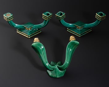 Art Deco Green-Glazed Ceramic Lighting Group, c. 1930s