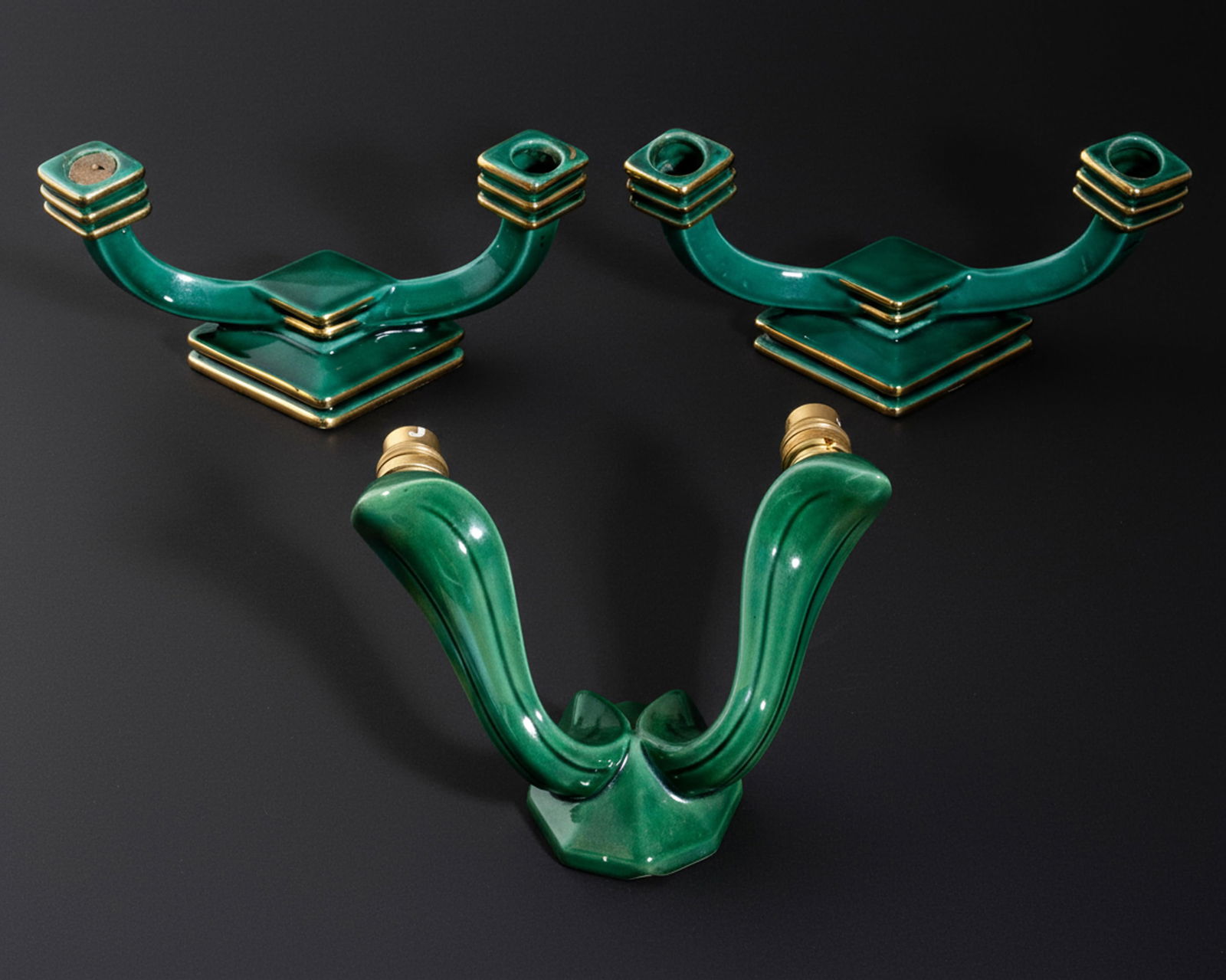 Art Deco Green-Glazed Ceramic Lighting Group, c. 1930s (1 of 7)