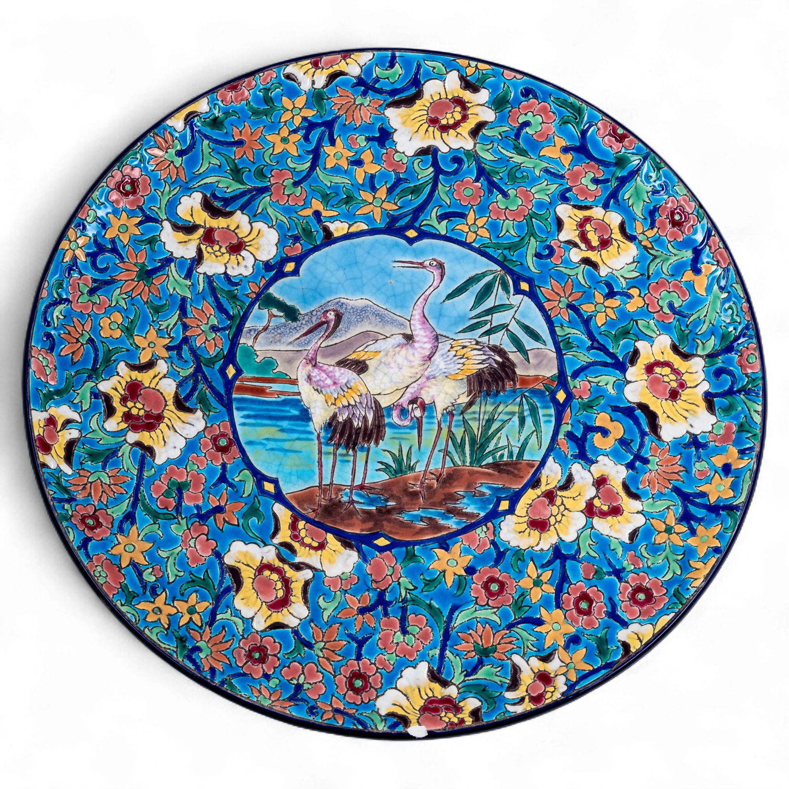 Longwy, Signed Art Deco Enamel 14-inch Charger with Egrets, c. 1930: Keyword: French faience, cloisonné-style, polychrome earthenware, bird motif, marsh landscape, floral border, hand-painted, wall plate, interwar period ceramicsLongwy signed Large 14" circular earthe