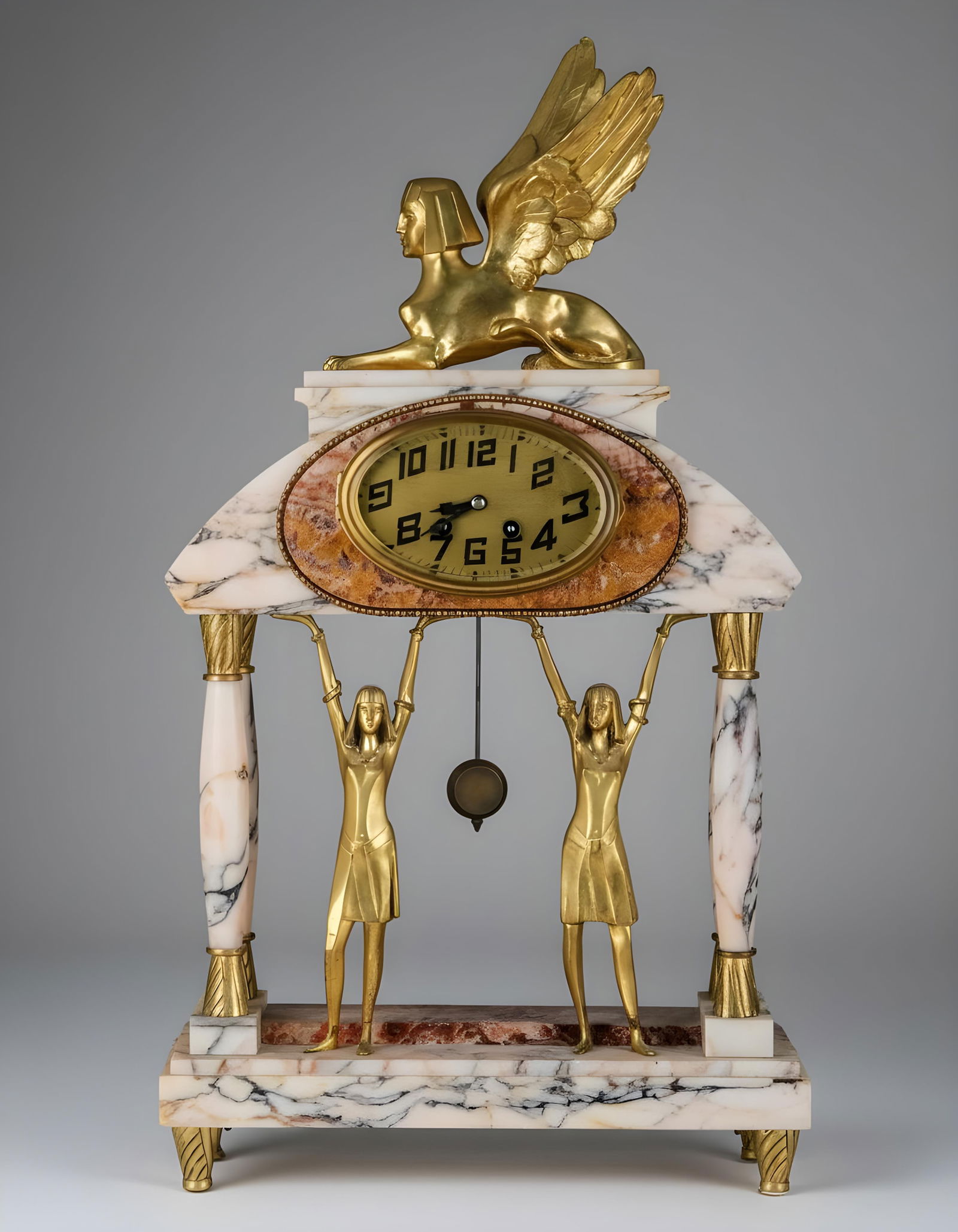Impressive Art Deco Mantel Clock With Egyptian Revival Bronze Sculptures, Circa 1920's (1 of 11)