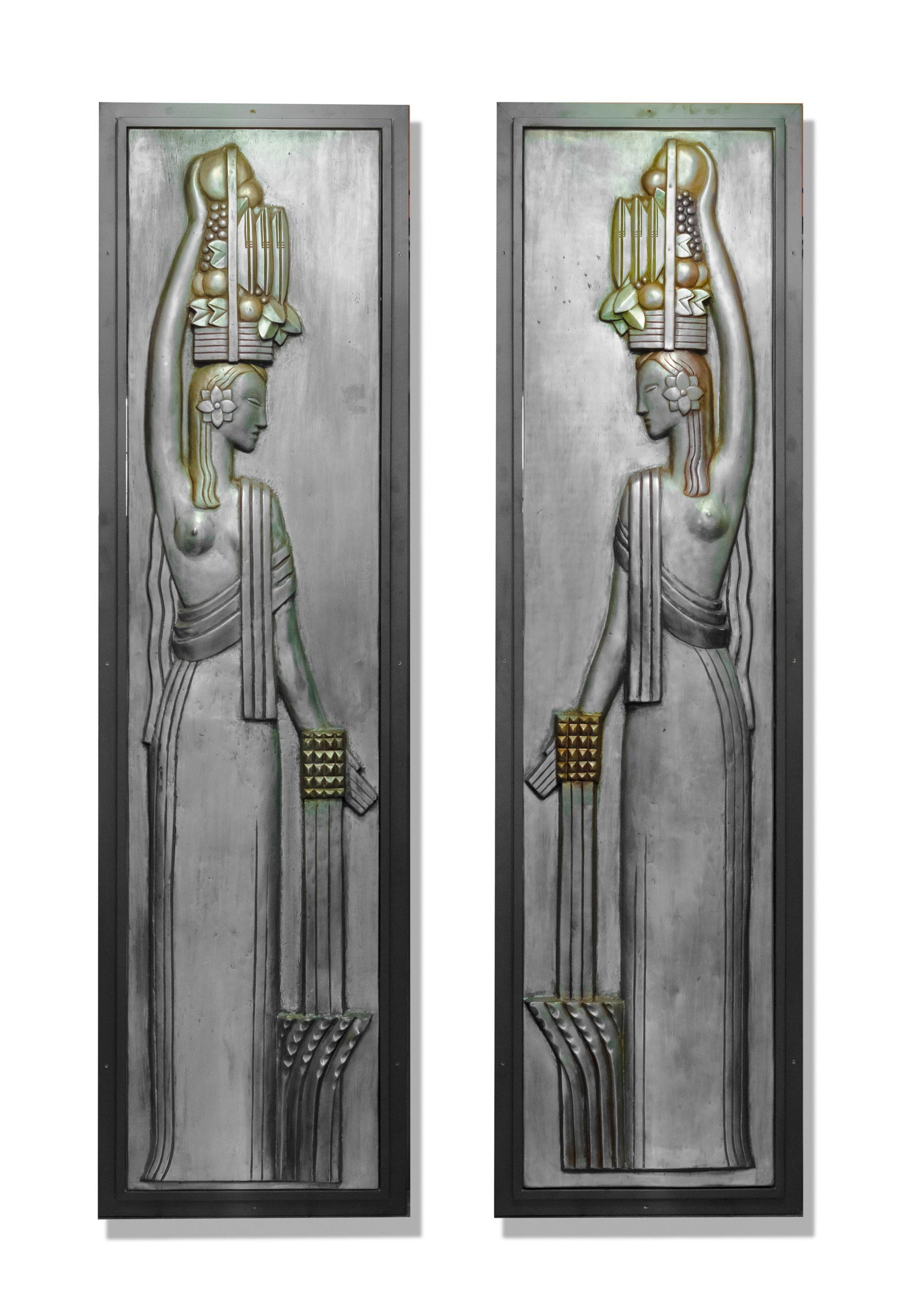 Pair of Raoul Josset Figural Wall Panels, Mid-20th Century: Keywords: Chicago World’s Fair, Century of Progress Exposition, Streamline Moderne, Machine-Age modern, architectural wall relief, stylized figural panels, torch-bearer figure, allegorical figures,