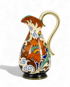 Royal Gouda Holland 14.5" tall “Delana" Art Deco Hand Painted Floral Pitcher, Circa 1930