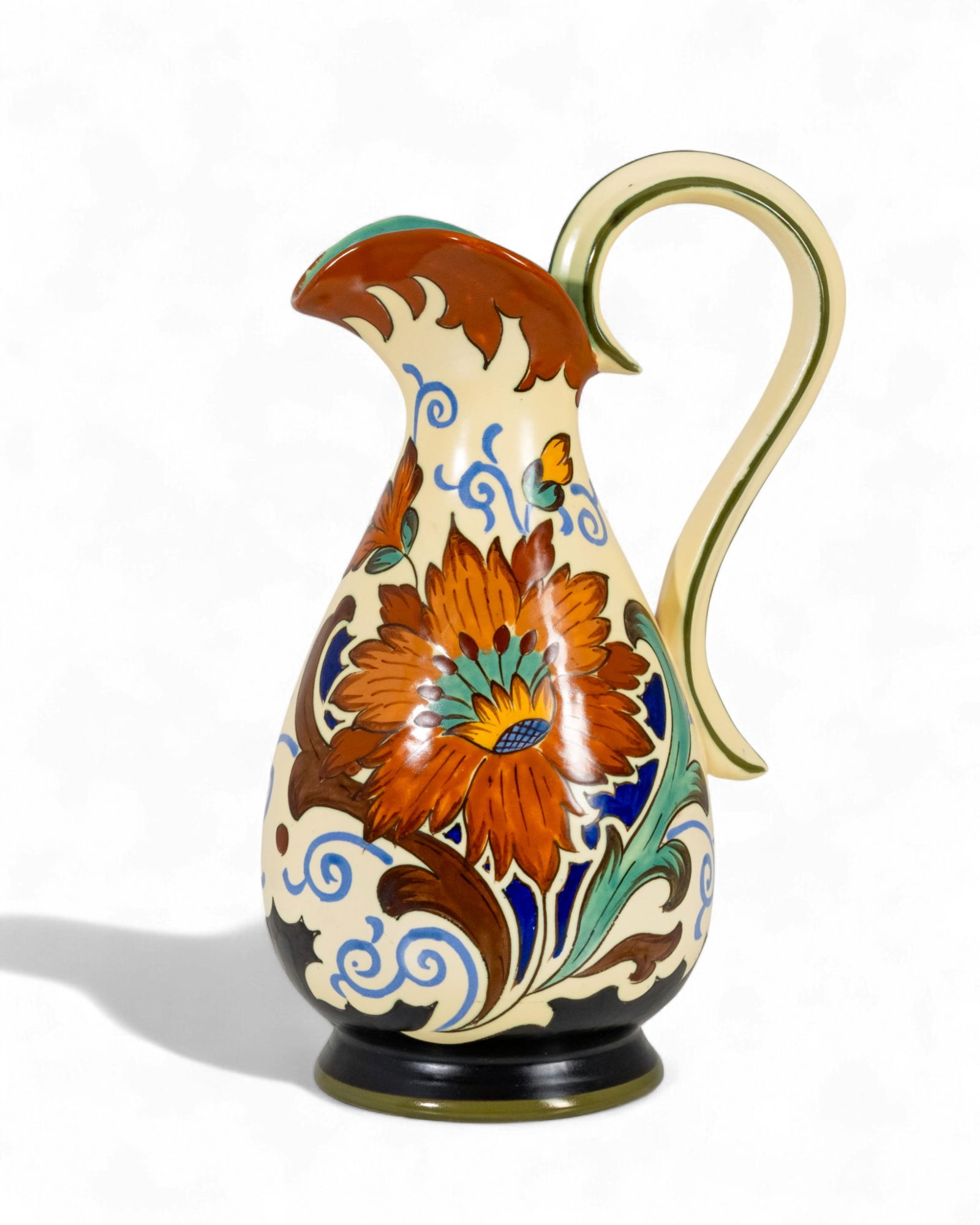 Royal Gouda Holland 14.5" tall “Delana" Art Deco Hand Painted Floral Pitcher, Circa 1930 (1 of 18)