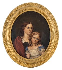 19th Century Oval Mother and Child Oil Painting in Gilt Frame