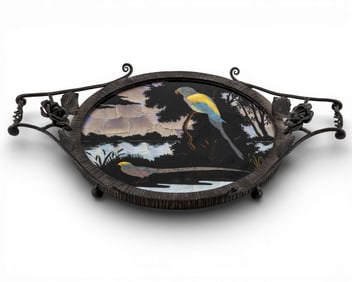 Signed Seraphin Wrought Iron Plateau with Tropical Landscape, Circa 1930s