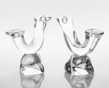 Daum France Crystal Double Candlesticks, Pair, 20th Century