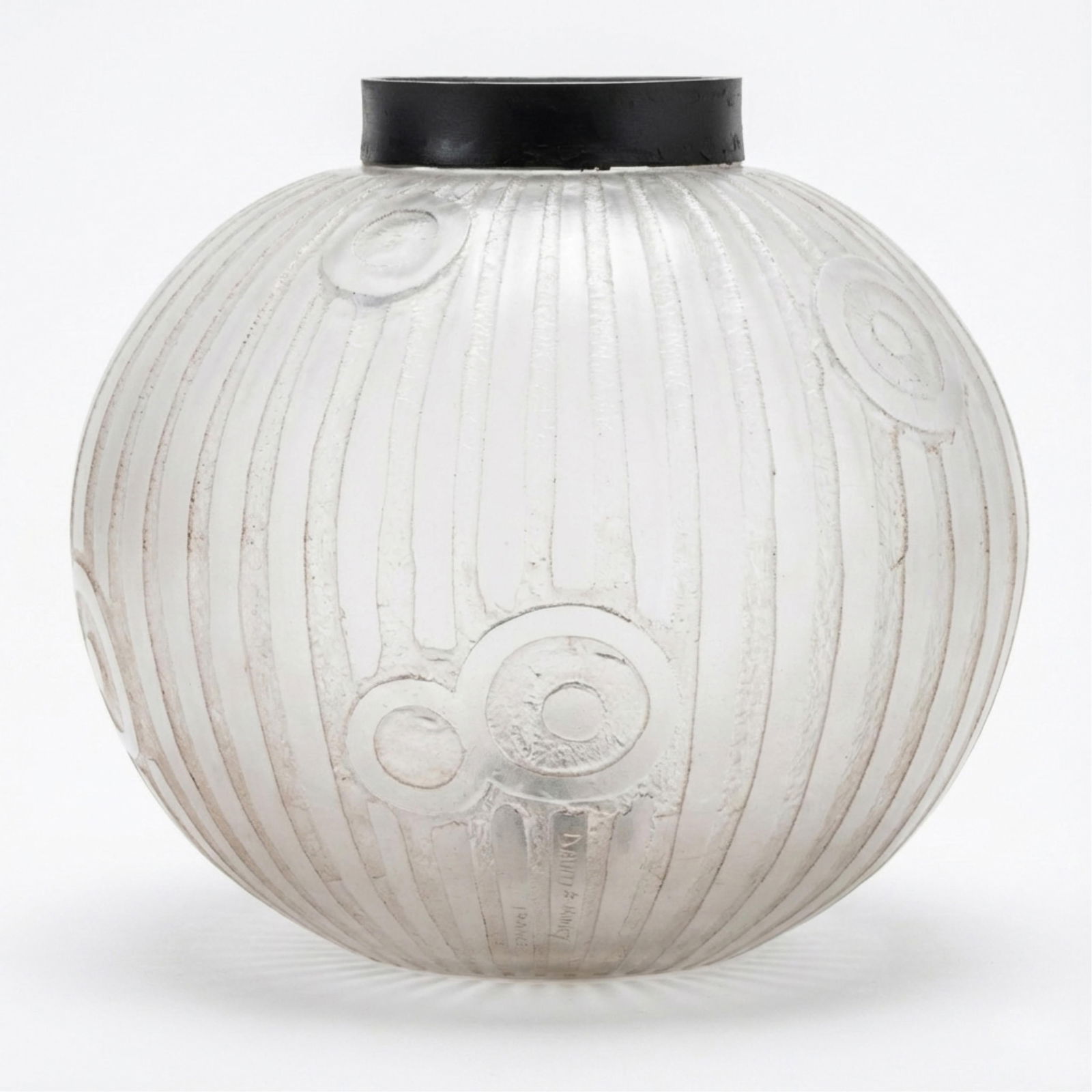 Daum Nancy Signed Frosted French, Circa 1920, Glass Vase With Metal Rim: Keywords: Art Nouveau, Art Deco, Art Glass, Rene Lalique Style, Tiffany Style, molded ribbed glass, French luxury décor, signed base, table centerpieceSummary:Daum Nancy frosted molded glass vase wit