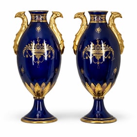 Art Deco Maurice Pinon Cobalt Blue and Gilt Porcelain Vases, Pair