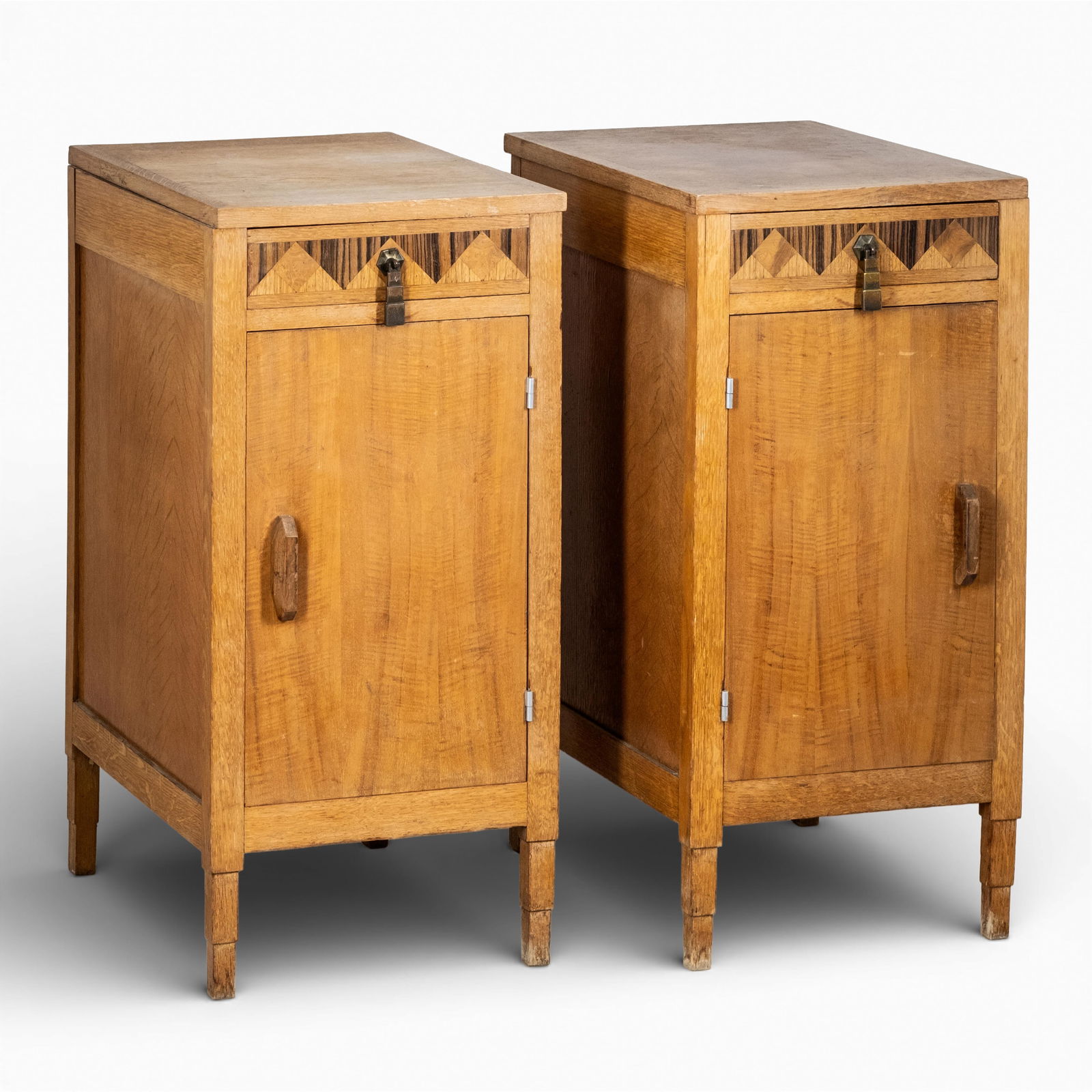 Art Deco nightstands century bedside storage cabinets circa 1930: Keywords: No reserve, Early 20th Century, Jazz Age, Streamline Moderne Furniture, Geometric Motif, Decorative Drawer Apron, European Modernism, Wooden Table, Machine Age Design, Storage CompartmentSum