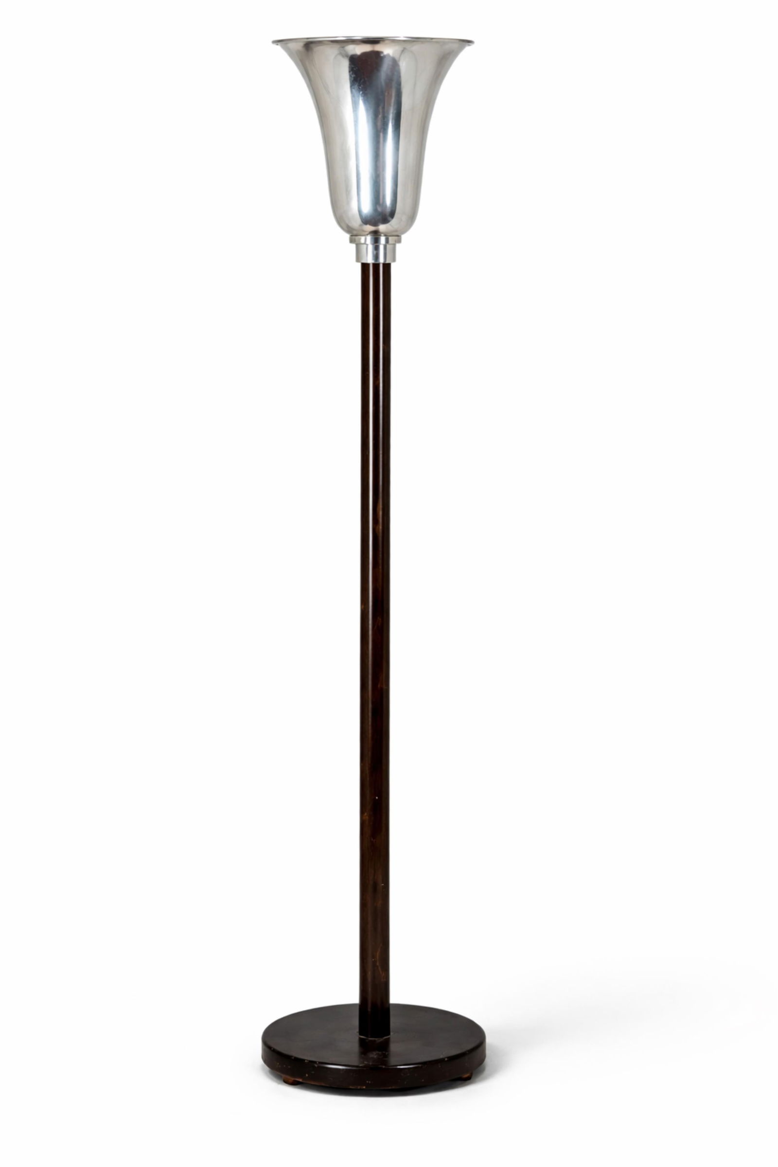 Torchiere Modernist Lamp with Chromed Metal Shade and Lacquer Wooden, Circa 1950 (1 of 6)