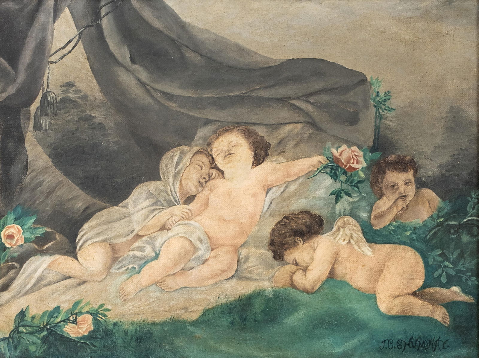 "Cupid's Repose" Signed Painting, 1916: Keywords: Cupid's Repose painting, signed 1916 artwork, allegorical scene, mythological subject, oil on canvas, early 20th century, framed artwork, classical motifSummary:Signed painting titled "Cupid