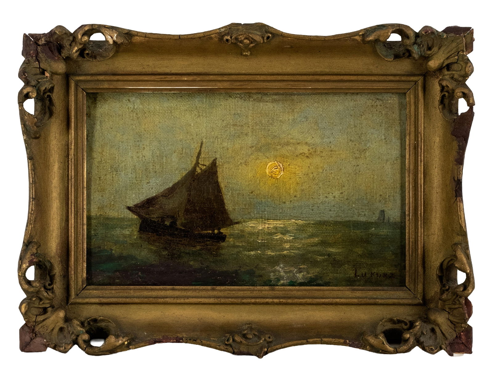 Lu Kurs, Signed, Maritime Oil on Canvas Painting, 19th–20th Century (1 of 9)