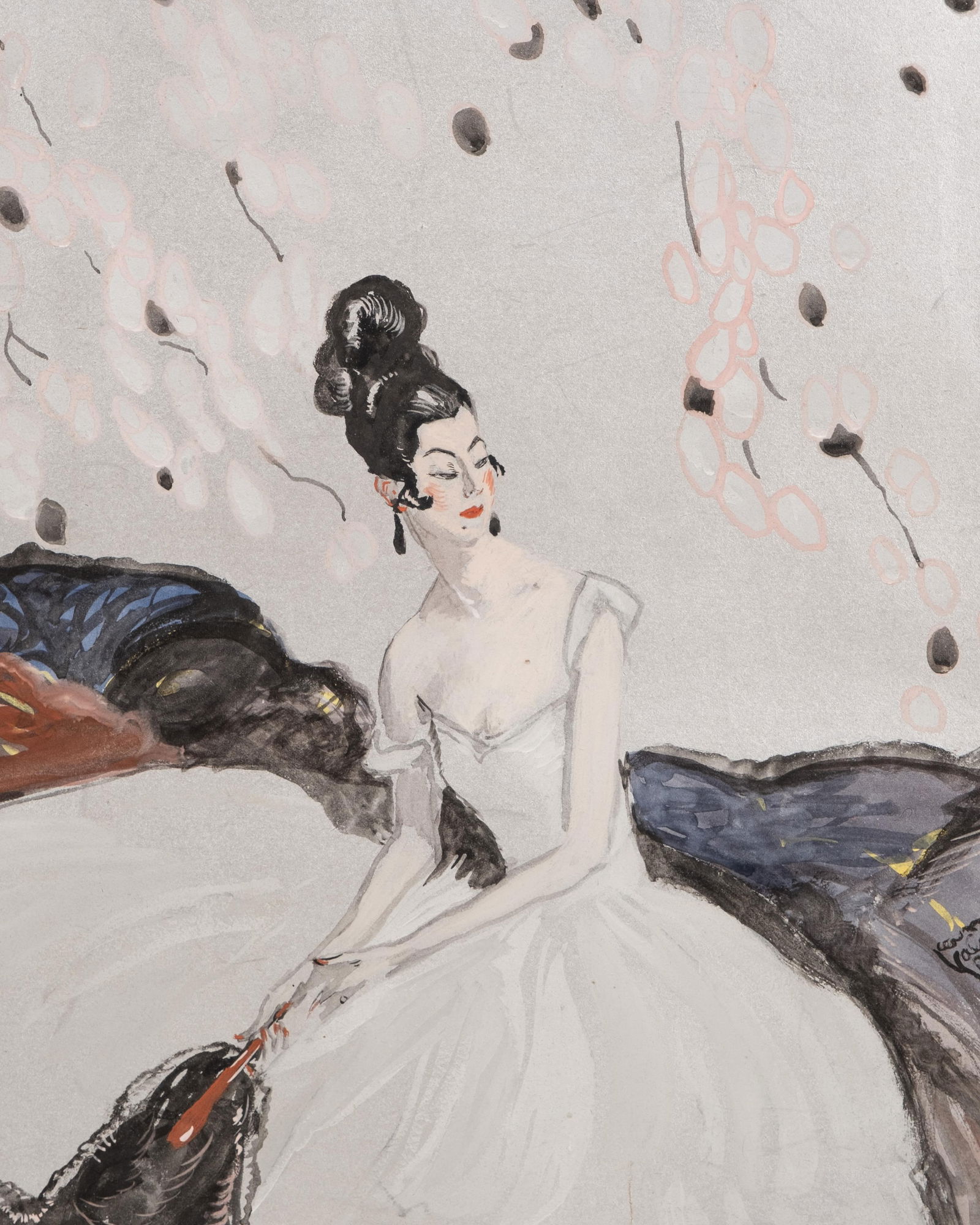 Jean-Gabriel Domergue Watercolor and Gouache Painting, 1923, Signed: Keywords: Art Deco, Belle Époque, 1920s French Art, Silvered Background, Watercolor and Gouache, Elegant Woman, Parisian Portraiture, Jean-Gabriel Domergue, Glamour Art, Fashion Illustration, René G