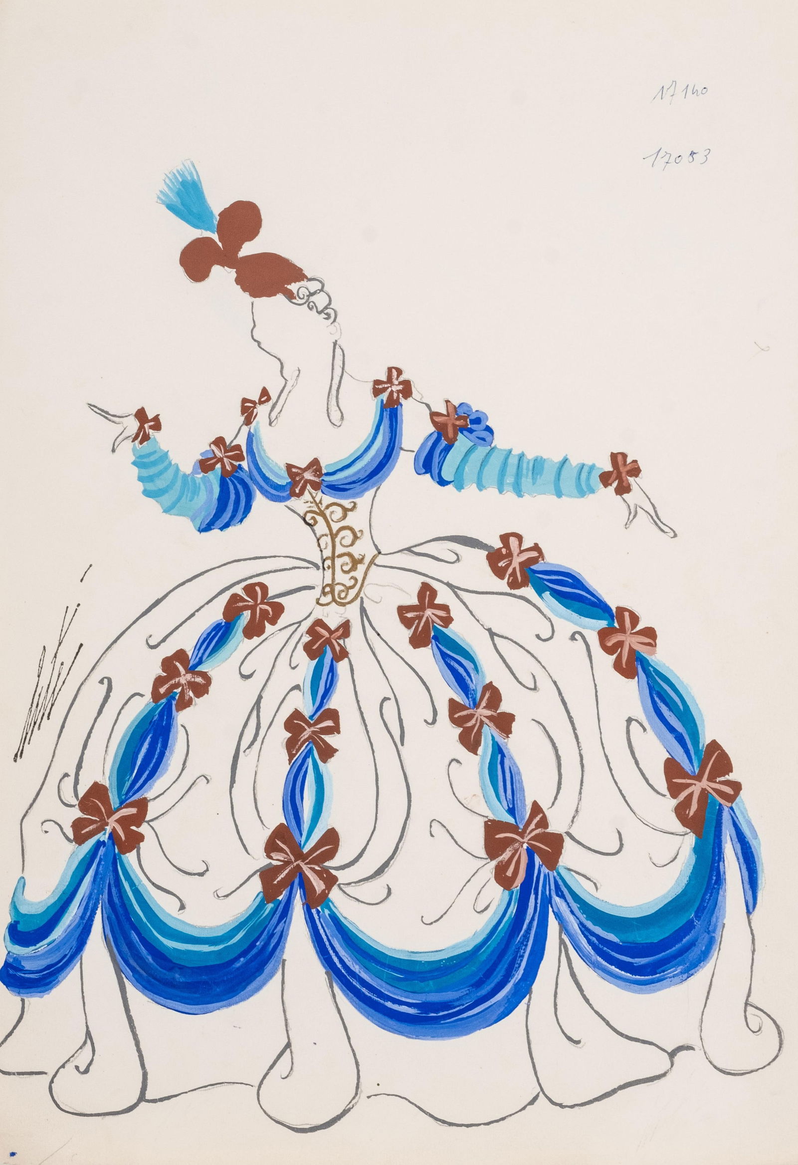 Erté Original Signed Art Deco Costume Design Gouache Painting for Russian Ballet: Keywords: Art Deco design, ballet costume study, theatrical design, stage costume, fashion illustration, gouache on paper, gold pencil, Russian ballet, early 20th century, Paris design, theatrical art
