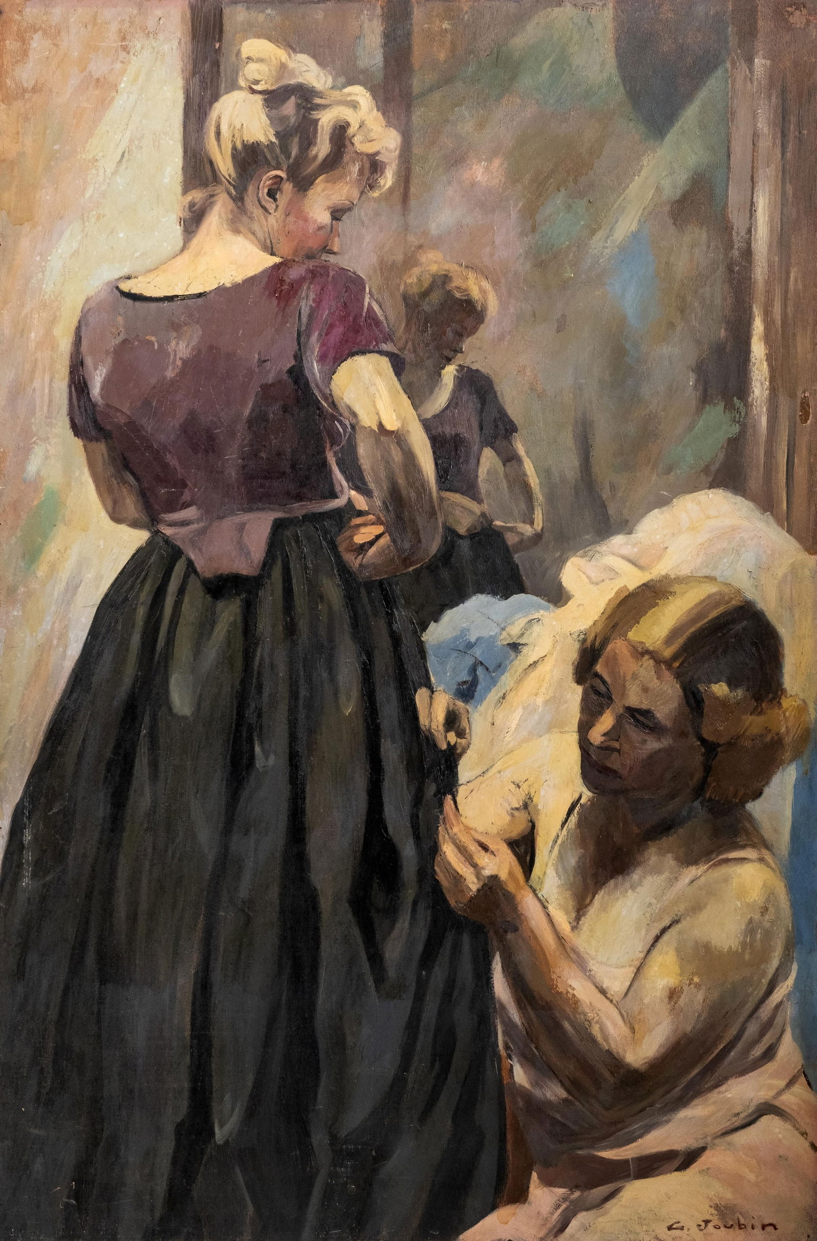 Georges Joubin French Early 20th Century Genre Painting The Fitting, Oil on Panel: Keywords: French genre painting, interior scene, women figures, dress fitting, atelier scene, figurative painting, early modern French art, signed painting, oil on panelGeorges Joubin oil on panel gen