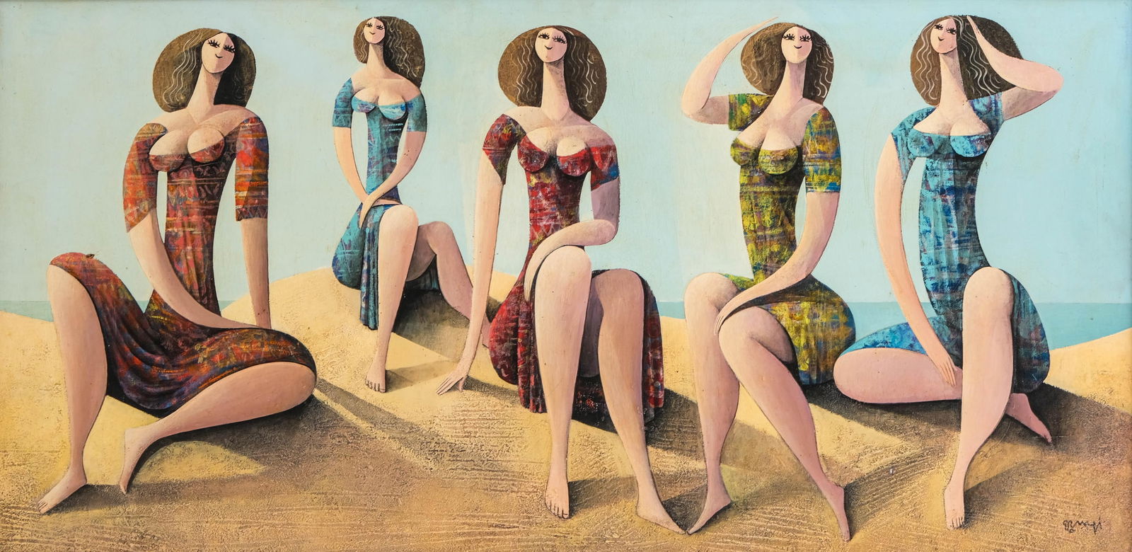 Roger Burgi, Signed, Contemporary Figurative Oil Painting, Late 20th Century: Keywords: French contemporary art, figurative composition, modern figurative painting, signed oil on canvas, Paris School, large-scale artwork, large artwork, 20th century, wall art, beach scene, Fren