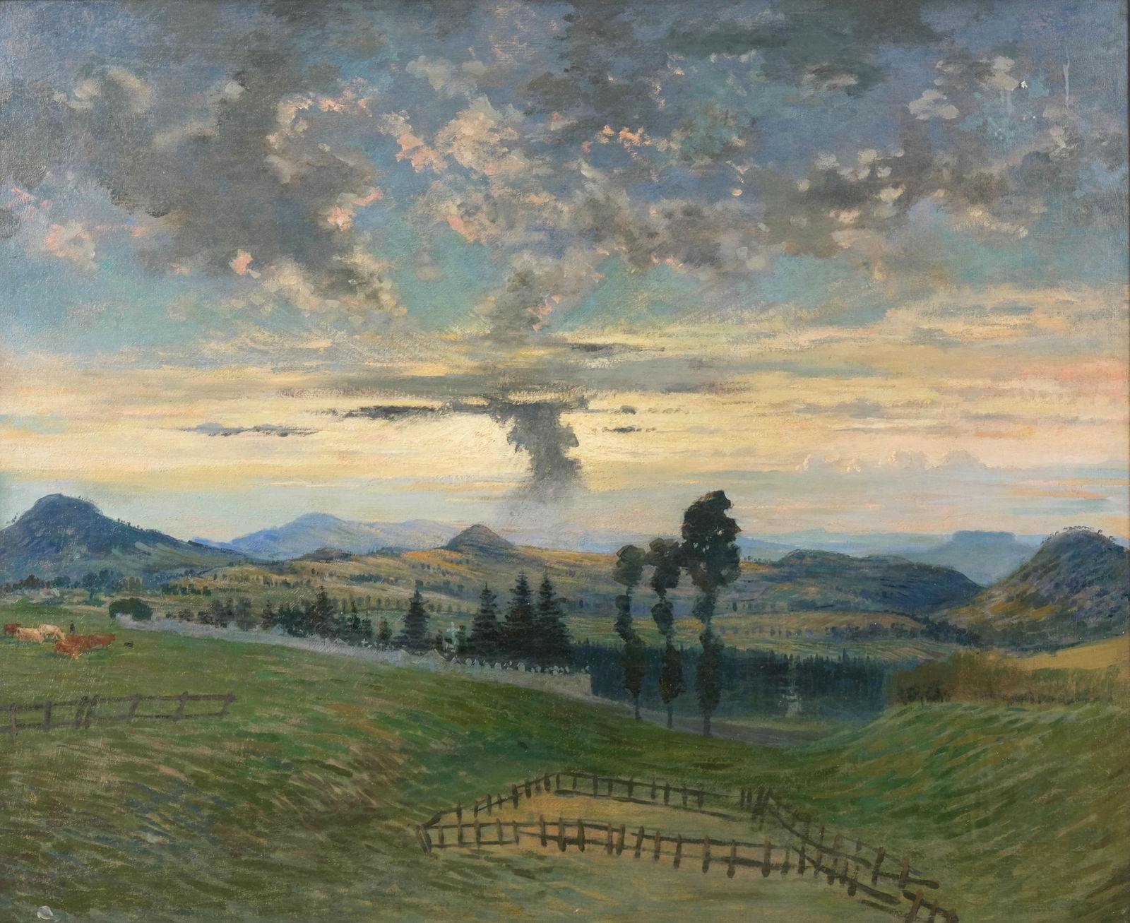 Gustave Poetzsch Oil Painting “The Volcanoes of Haute-Loire,?? Studio Stamp, Circa 1900: Keywords: French landscape, Haute-Loire, volcanoes, oil on canvas, studio stamp, 20th century painting, French School, dramatic sky, rural France, pictureGustave Poetzsch (1870–1950), “The Volcano