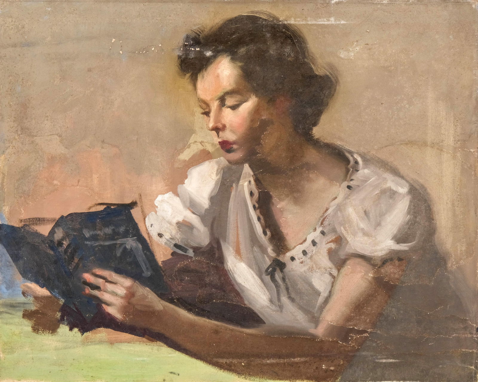 Edward Leonard, Signed, Woman Reading Oil Painting, Mid-20th Century: Keywords: American Artist, Florida Painter, New York Artist, Mid-20th Century Art, Oil on Canvas, Figurative Painting, Woman Reading, American Realism, Modern American ArtEdward Leonard (Florida, New