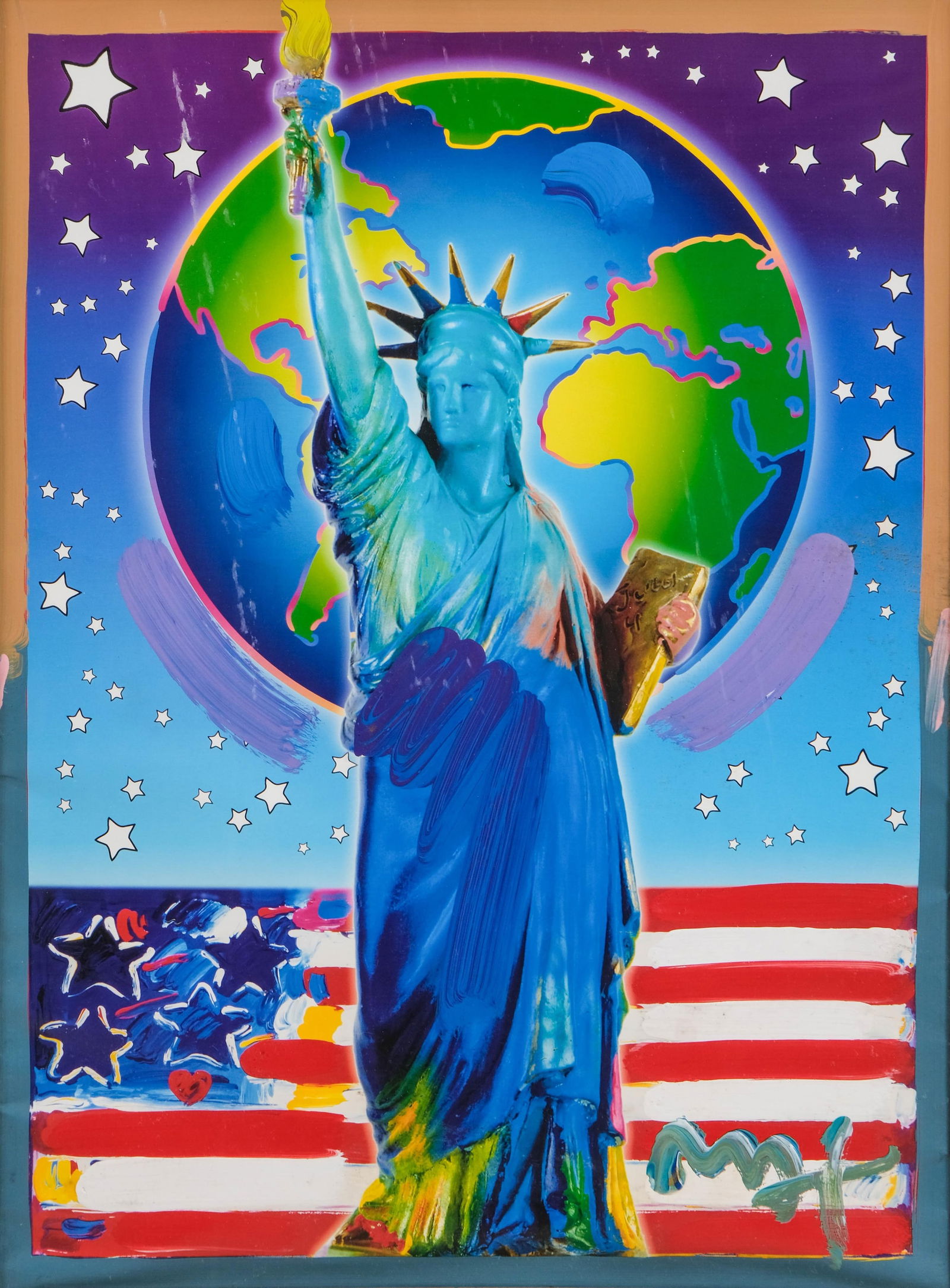 Signed Peter Max Double-Sided Painting and Drawing with Dedication: Keywords: Pop Art, Statue of Liberty, mixed media with acrylic and lithography, Liberty series, American Pop Art, patriotic artwork, contemporary art, signed Peter Max, acrylic on paper, color lithogr