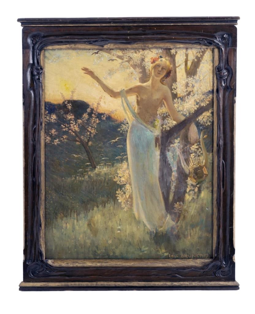 Emile Brunet, Oil on Canvas Art Nouveau Painting, Signed, Dated 1897: Keywords: Art Nouveau, Terpsichore, Mythological Figure, Classical Theme, Pastoral Scene, French Art, Symbolist Movement, Ethereal BeautyNO RESERVE Emile Brunet, oil on canvas painting titled "Terpsic