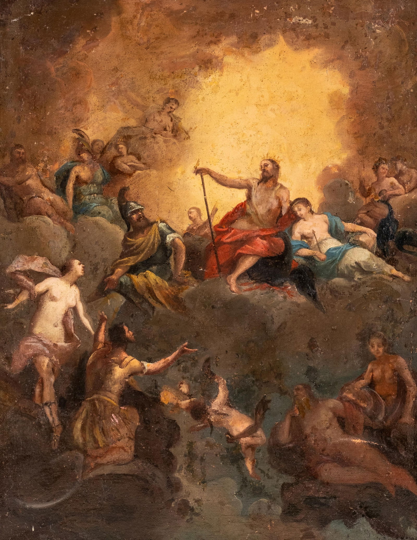 Austria, 18th Century Allegorical Heaven of the Gods Oil on Canvas Painting: Keywords: Baroque painting, allegorical scene, mythological subject, classical gods, celestial imagery, European old master, religious allegory, dramatic chiaroscuro, cloudborne figures, continental p