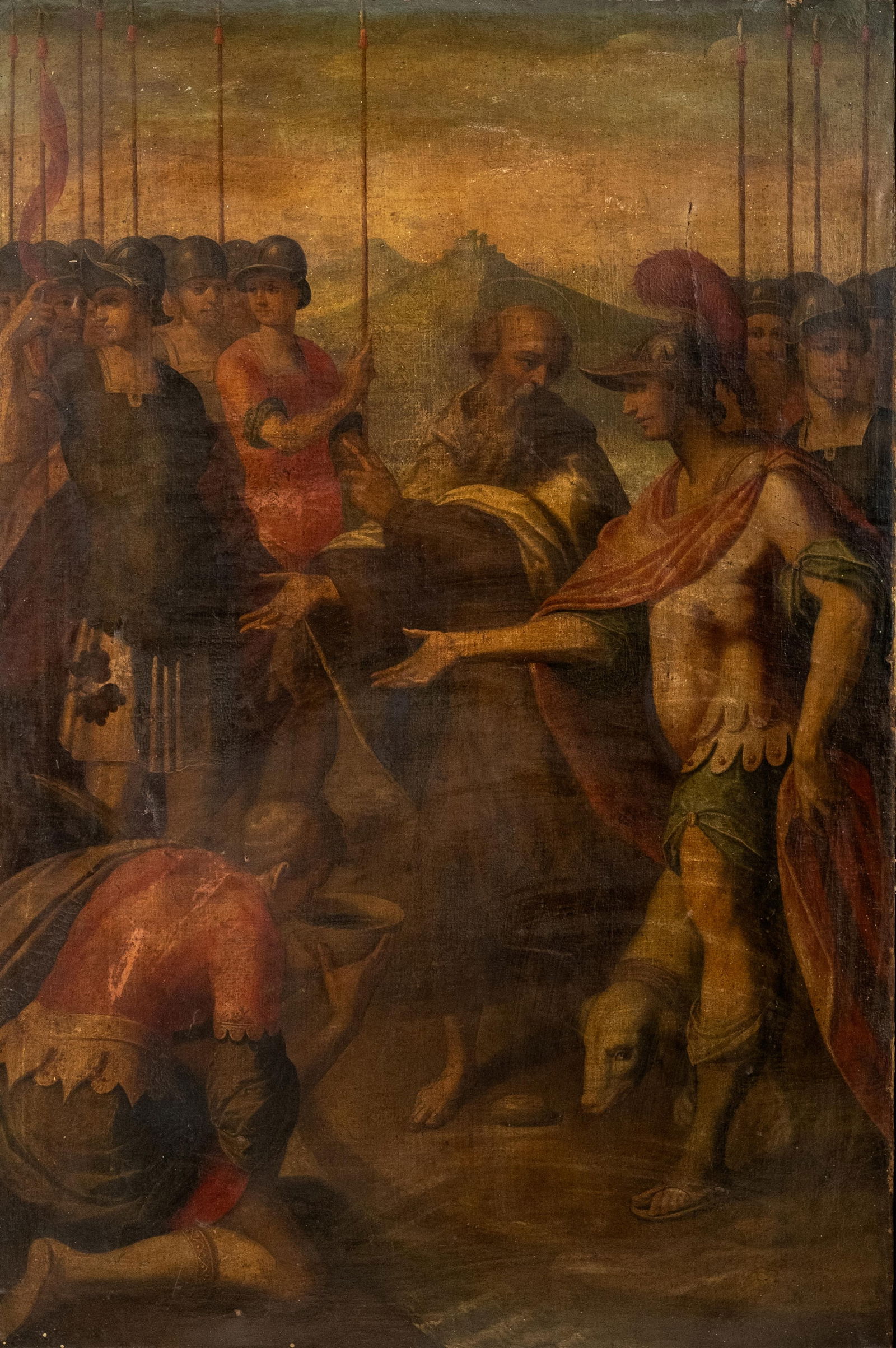 Italian School 16th Century Religious Oil Painting, Scene With Soldiers and a Saint: Keywords: Renaissance art, religious narrative, martyrdom scene, biblical subject, classical composition, historical painting, sacred art, Old Master painting, ecclesiastical art, European religious a