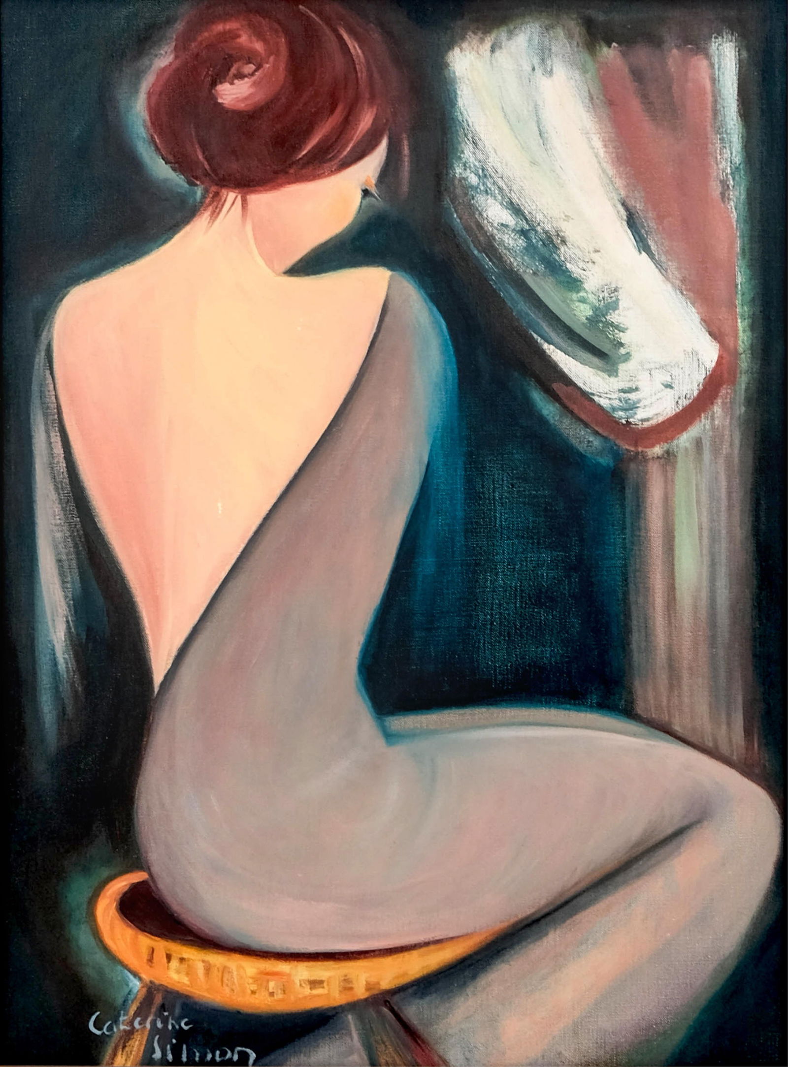 Catherine Simon (French), Signed Oil on Canvas Painting: Keywords: French contemporary art, female nude, modern figurative, studio interior, signed painting, decorative wall art, pictureNO RESERVE Catherine Simon French contemporary figural oil on canvas pa
