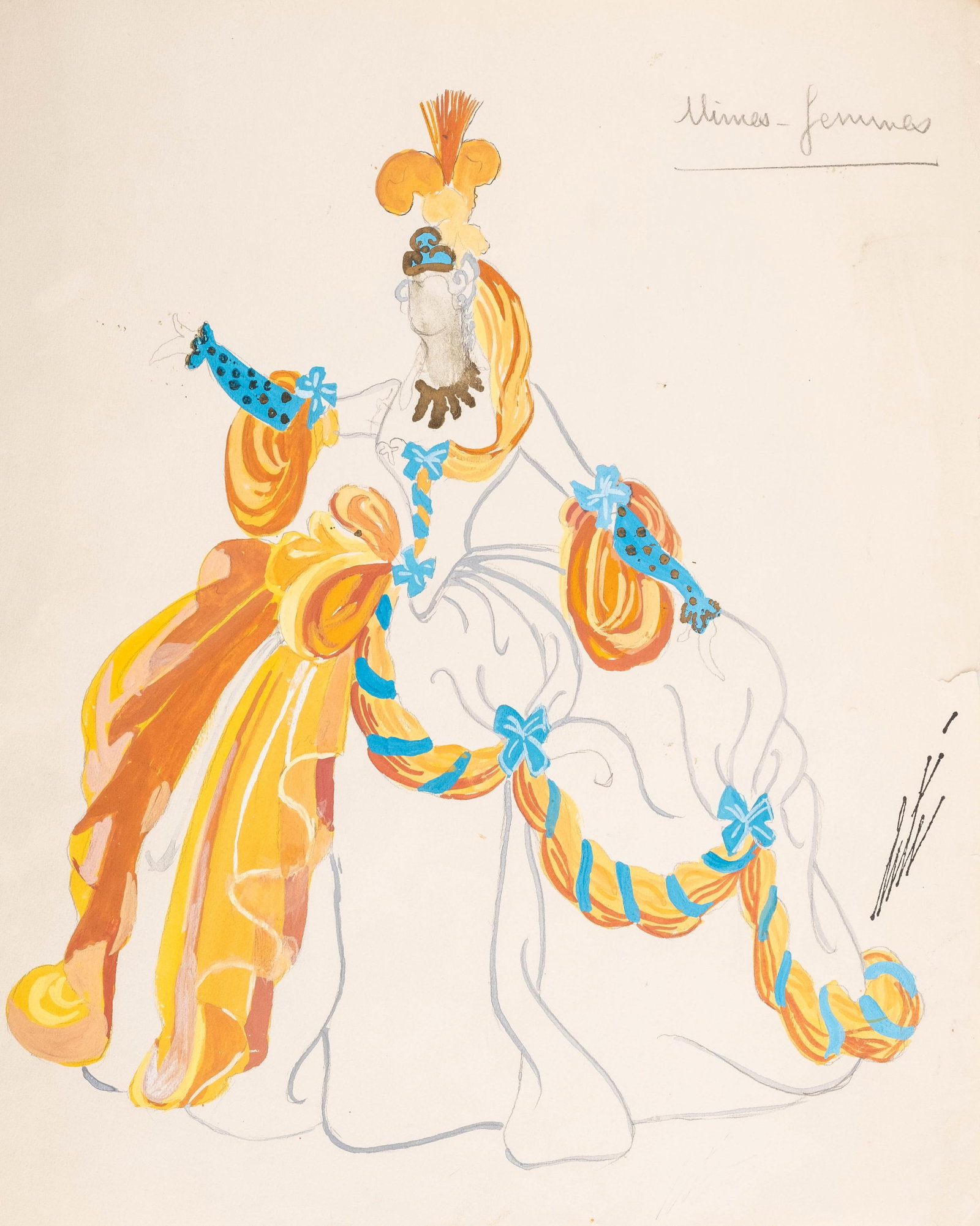 Erté Signed Art Deco Costume Design Watercolor and Gouache Painting, for Russian Ballet: Keywords: No Reserve, costume design, theatrical design, ballet costume, Art Deco design, watercolor and gouache, vellum, signed, fashion illustration, stage design Summary: Erté (Romain de TIRTOFF) 