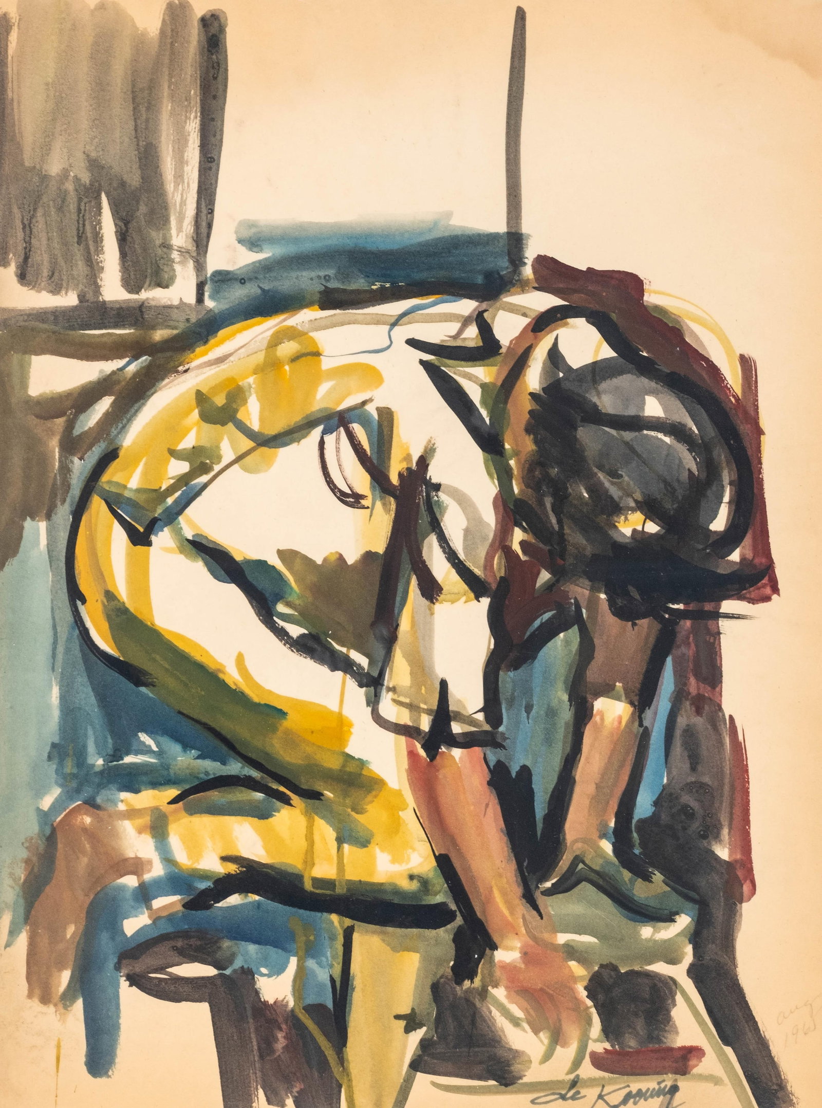 Elaine de Kooning Seated Figure, Abstract Expressionist Watercolor Painting on Paper, Signed and: Keywords: No Reserve, Willem De Kooning, Abstract Expresionist, Museum Worthy, 20th Century Master, Famous Artist, 20th Century Art, Paintings, studio study, works on paper, framed artwork Summary: El