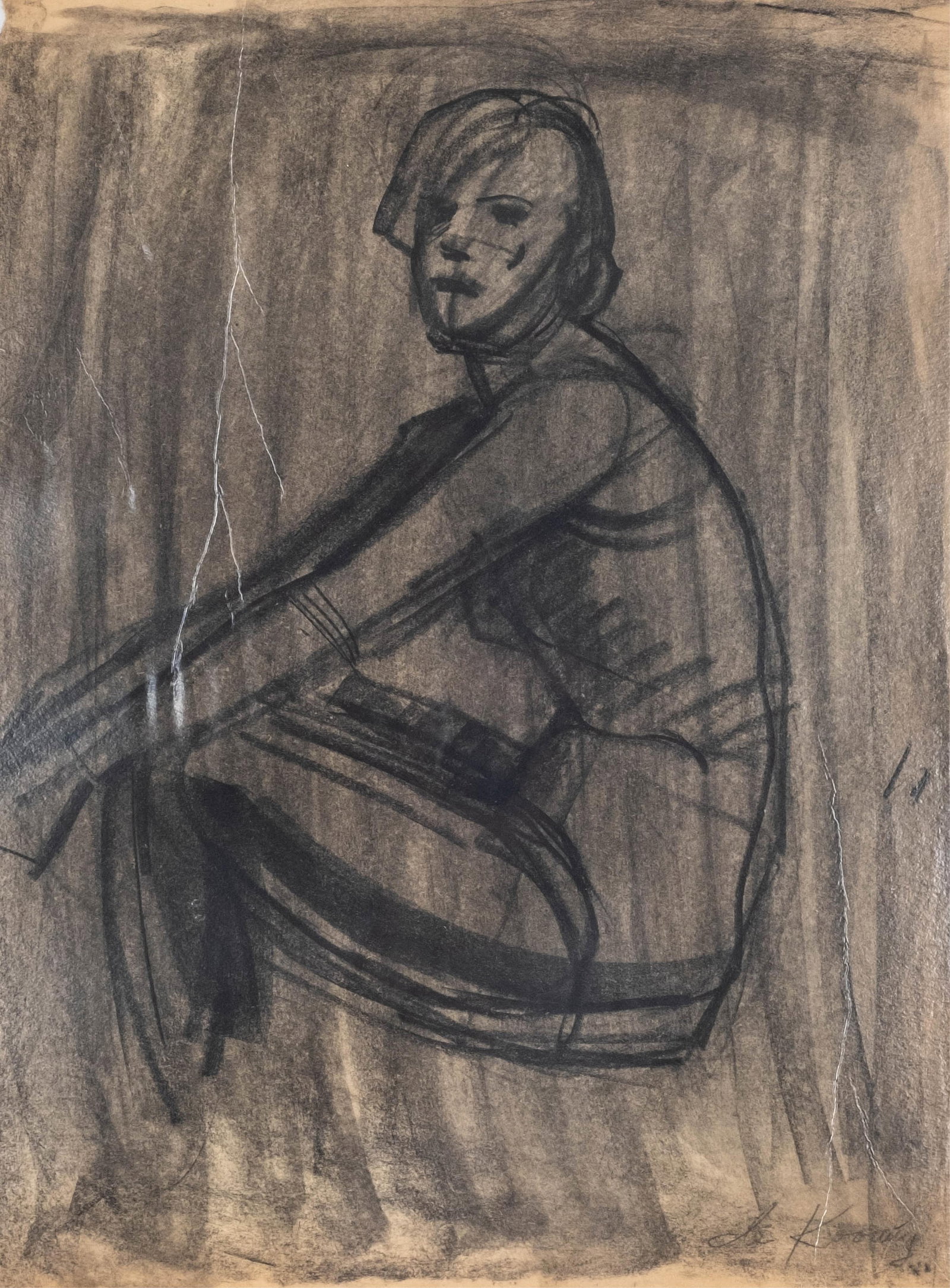 Elaine de Kooning Figural Abstract Expressionist Charcoal on Paper Painting: Keywords: No Reserve, Charcoal on Paper, Figural Painting, Seated Figure, Abstract Expressionist, Modern Art, American Art, Mid Century Art, Female Artist, Signed Painting, Figurative Study, Expressio