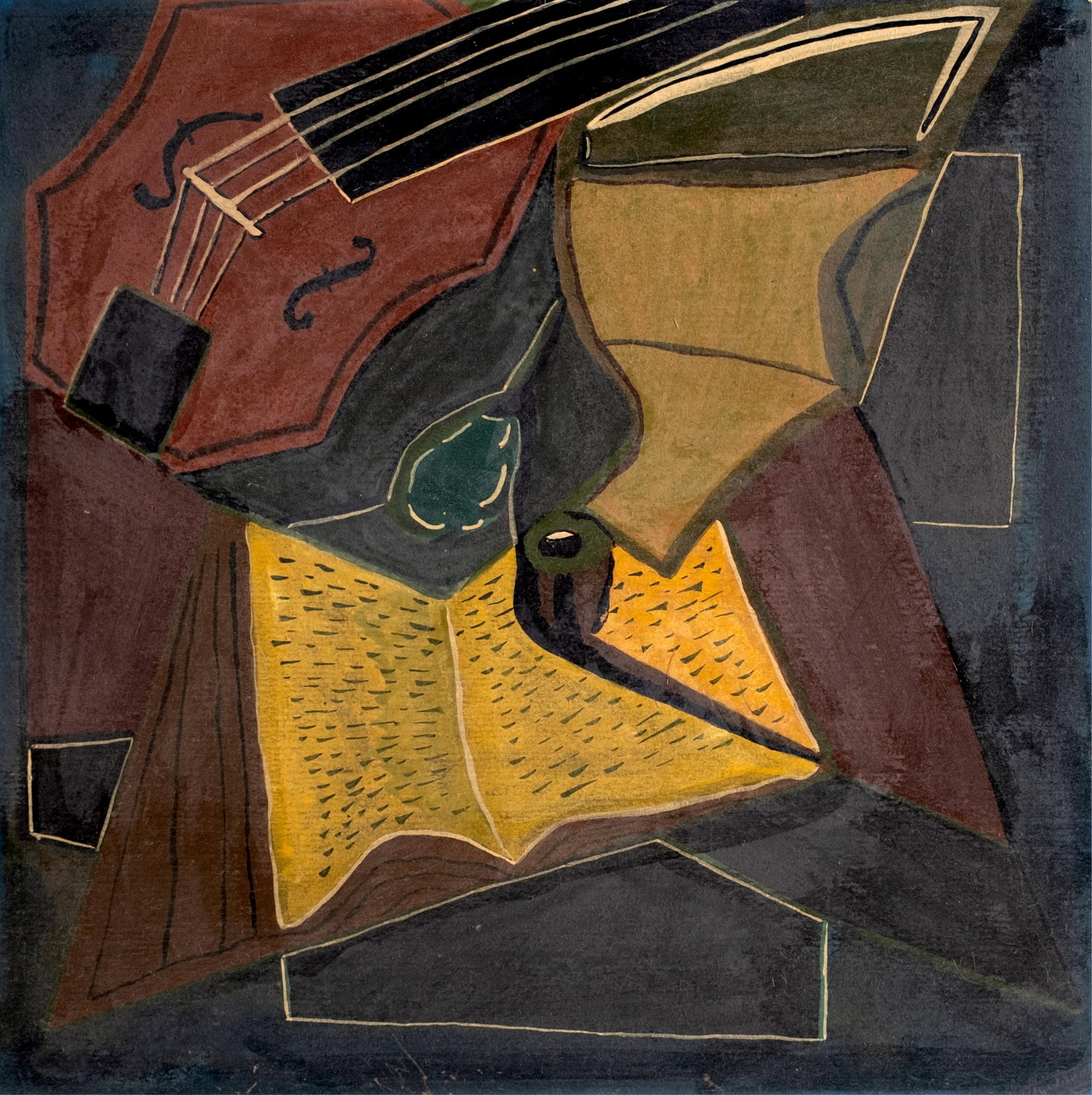 Juan Gris Style Cubist Composition with Violin and Pipe Painting, Signed and Dated 1959: Keywords: No Reserve, Cubist still life, violin, pipe, geometric composition, modernist painting Summary: Juan Gris style Cubist composition painting depicting a violin, pipe, and abstracted tabletop 