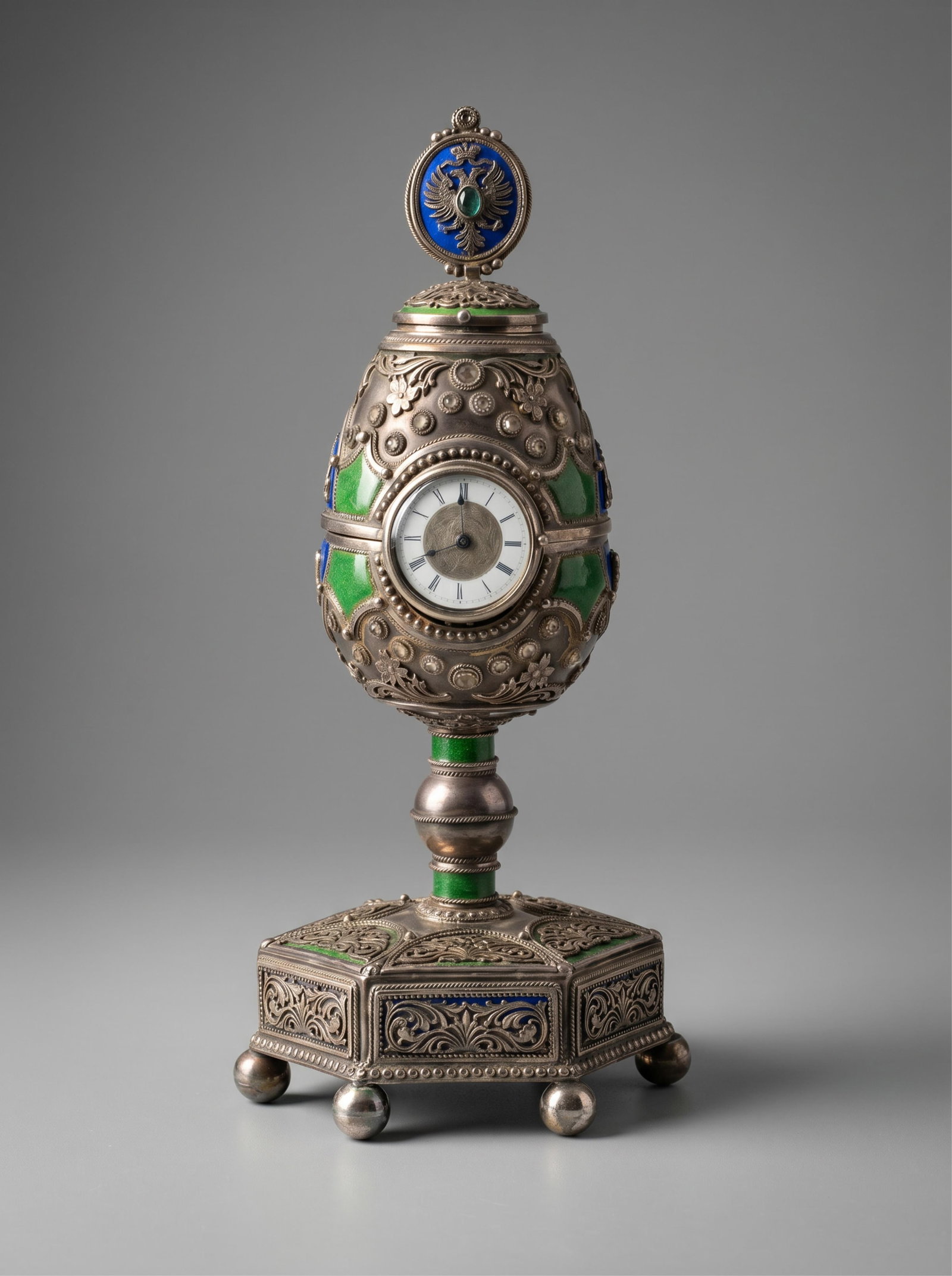 Erik Kollin Fabergé Master Goldsmith, Russian Imperial Signed Mechanical Silver Easter Egg Clock (1 of 18)