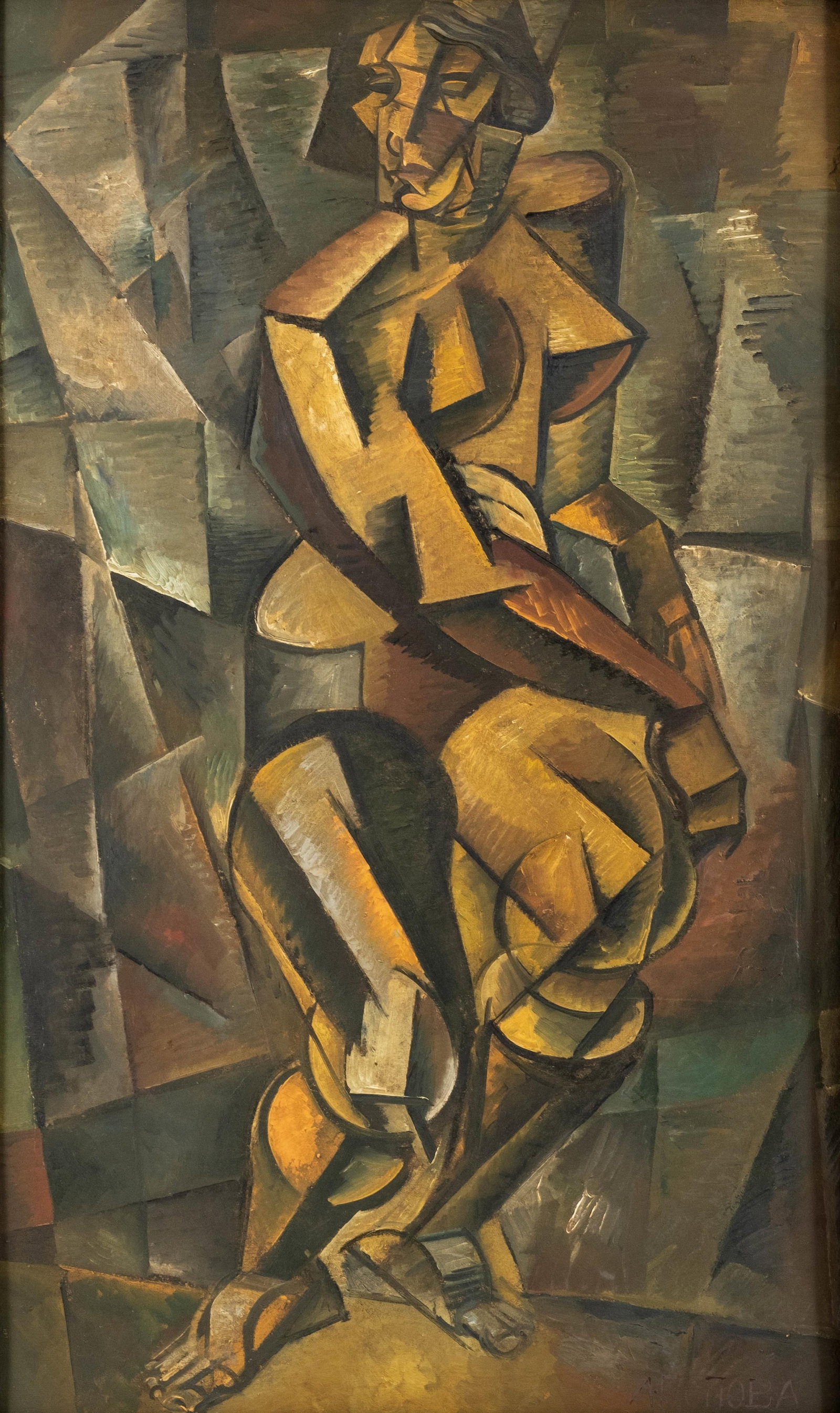 Liubov Sergeevna Popova Russian Avant-Garde Cubist Oil Painting, Signed Lower Right: Keywords: NO RESERVE, cubist, female nude, seated figure, geometric composition, Russian avante garde, modernist painting, oil on board, figural abstraction, angular forms, Russian avant garde, signed