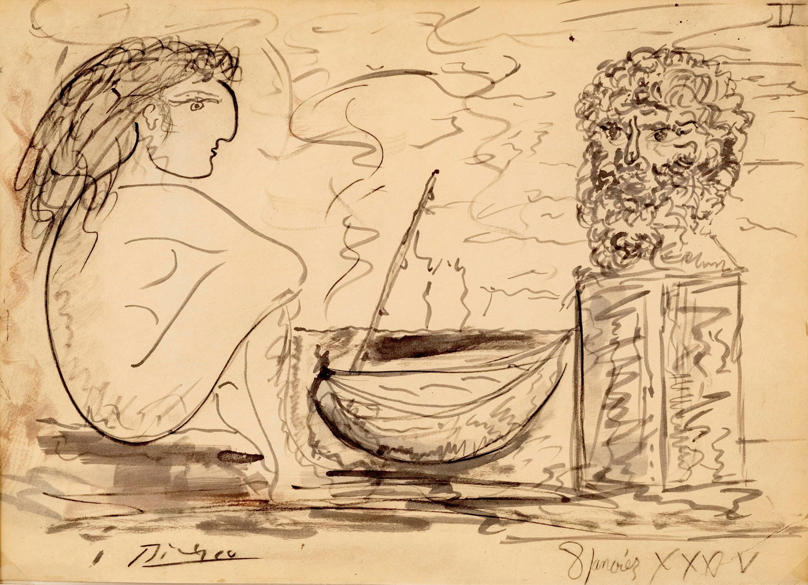 Pablo Picasso Hand-Signed Painting on Paper, Galerie Simon (Daniel-Henry Kahnweiler) Label, 1935: Keywords: No Reserve, modernism, european avant-garde, figurative study, classical motif, charcoal drawing, ink wash, watercolor accents, female nude, sculptural head, atelier work, paris gallery labe