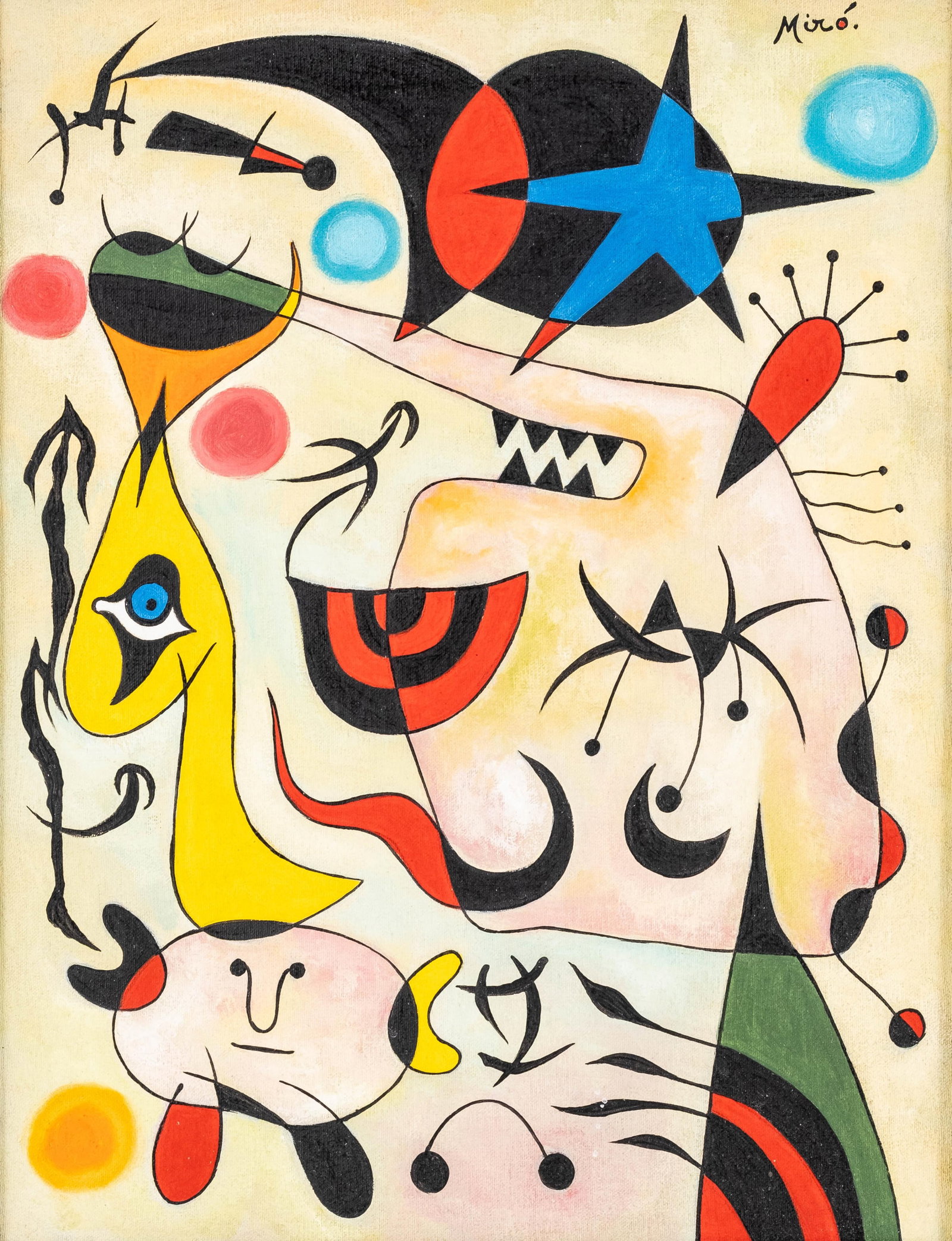 Joan Miró Abstract Oil On Canvas Painting With Documentation: Keywords: No Reserve, Abstract Art, Modernist, Surrealist Style, Spanish Art, Barcelona, Figural Abstraction, Oil On Canvas, Certificate, Fundación Santiago Porrero, Fundació Joan Miró, Color Field