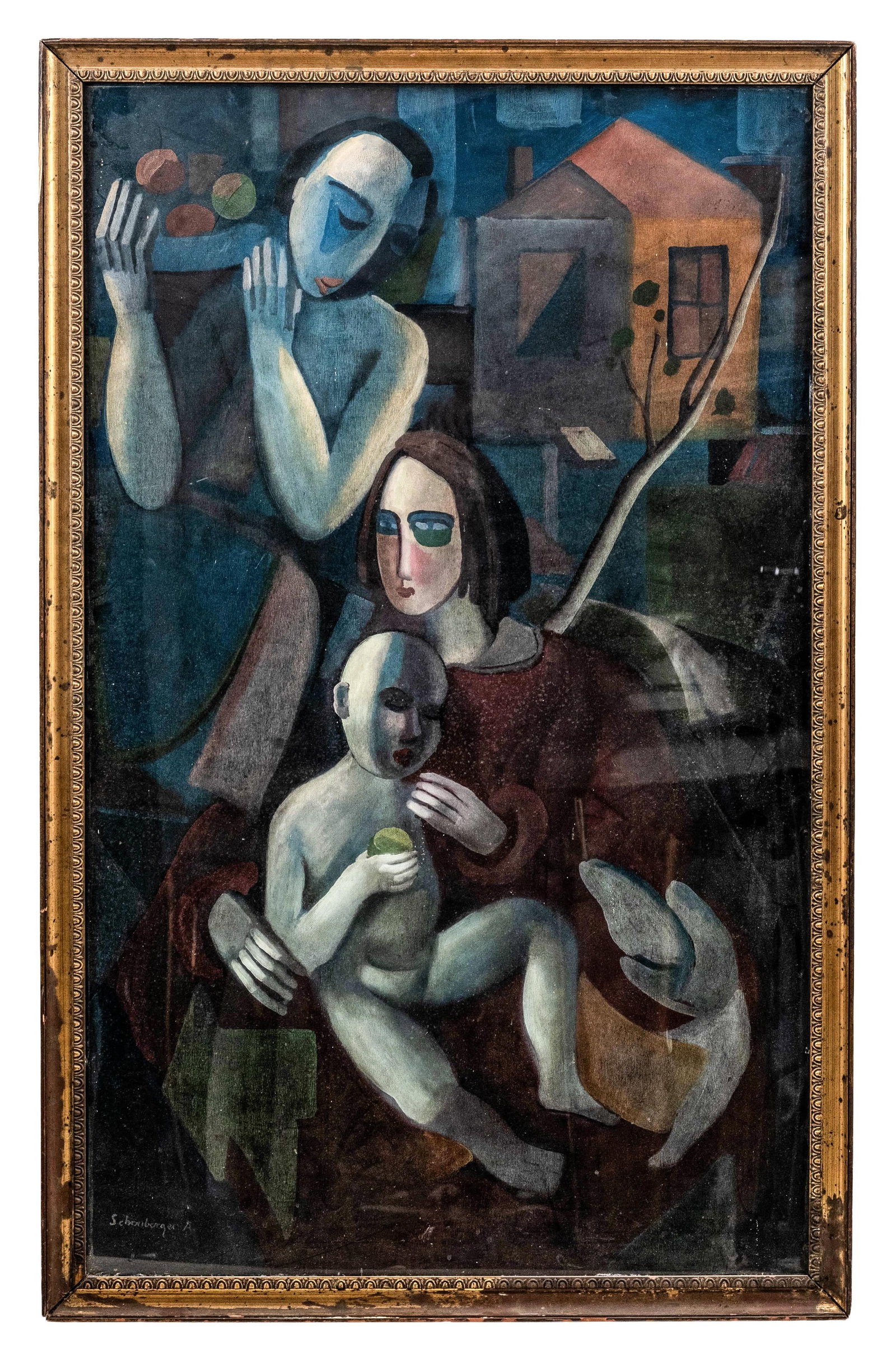 Armand Schönberger Cubist Figural Oil on Panel Painting, Circa 1930, Signed: Keywords: NO RESERVE, Cubist figural composition, modernist painting, mother and child, seated figures, expressionist faces, oil on panel, circa 1930, European modernism, signed painting Summary: Arma