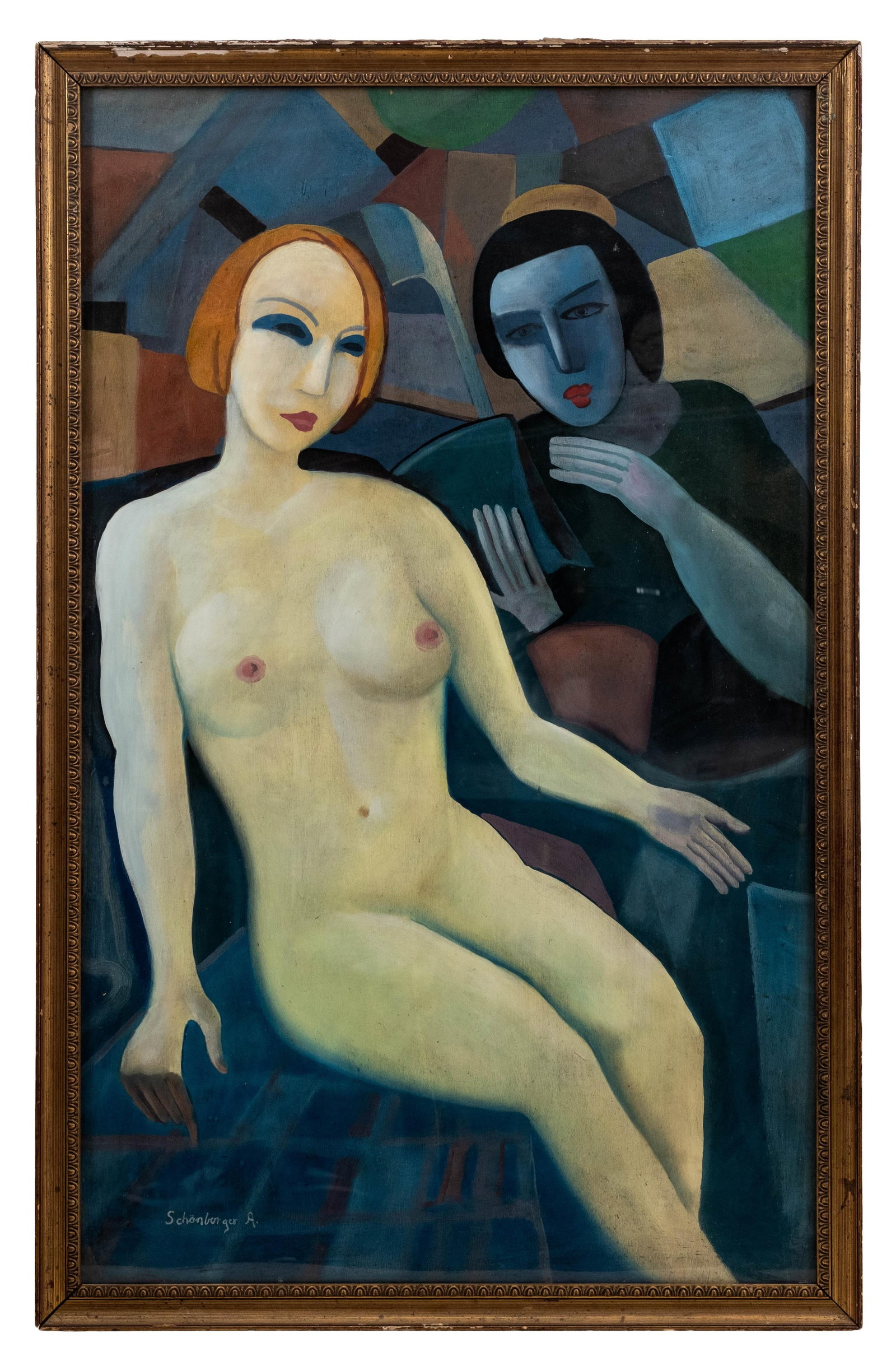 Armand Schönberger “Two Friends Cubist Figural Oil on Panel Painting, Circa 1930, Signed: Keywords: No Reserve, Cubist figural composition, modernist painting, nude, seated figures, expressionist faces, oil on panel, circa 1930, European modernism, signed painting Summary: Armand Schönber