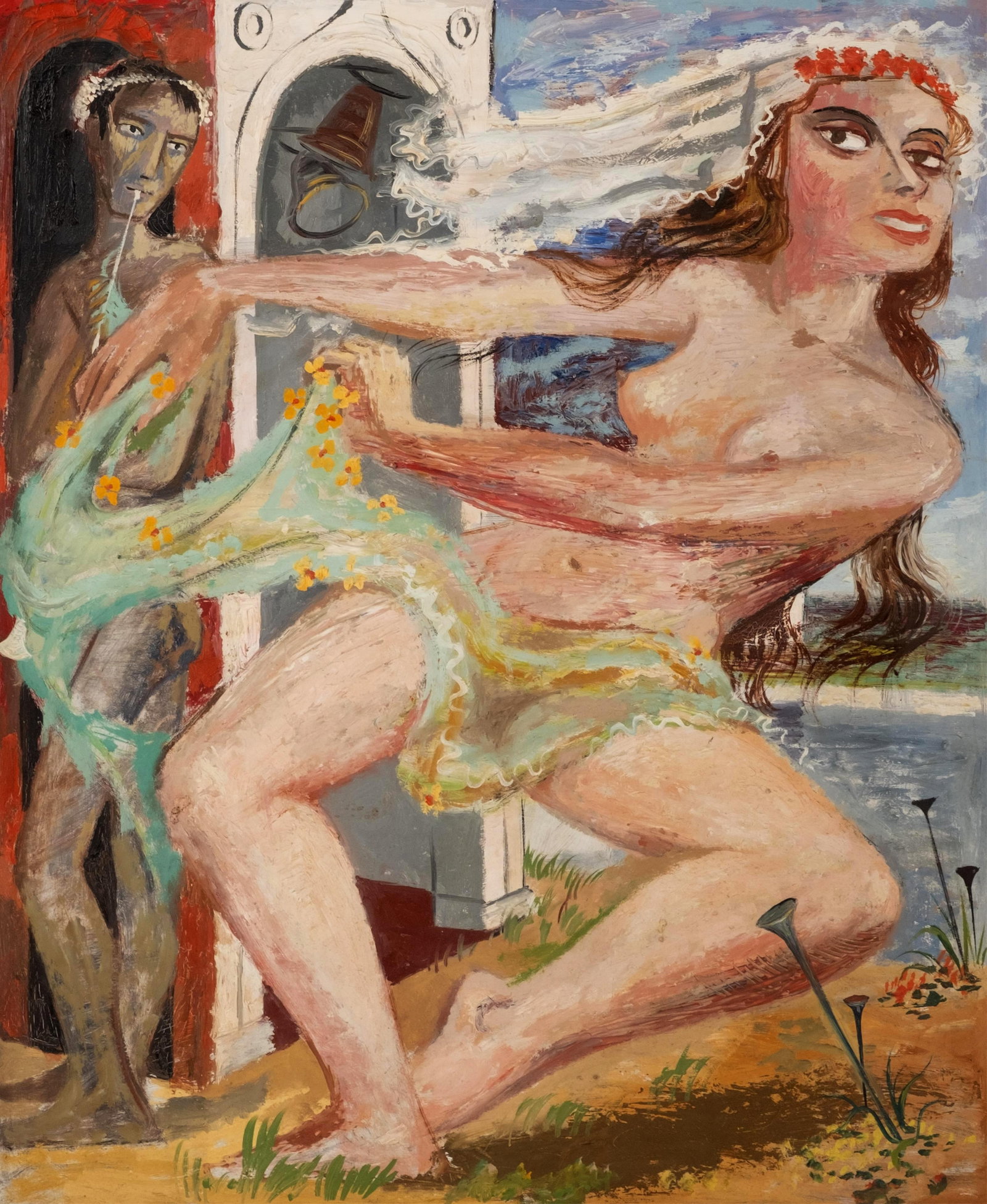 “Runaway Bride Oil on Canvas Painting, Circa Mid-20th Century: Keywords: No reserve, wedding theme, figurative painting, woodstock school, mid-century art, narrative composition, artist unknown, rustic frame, surreal elements, vintage artwork Summary: An impressi