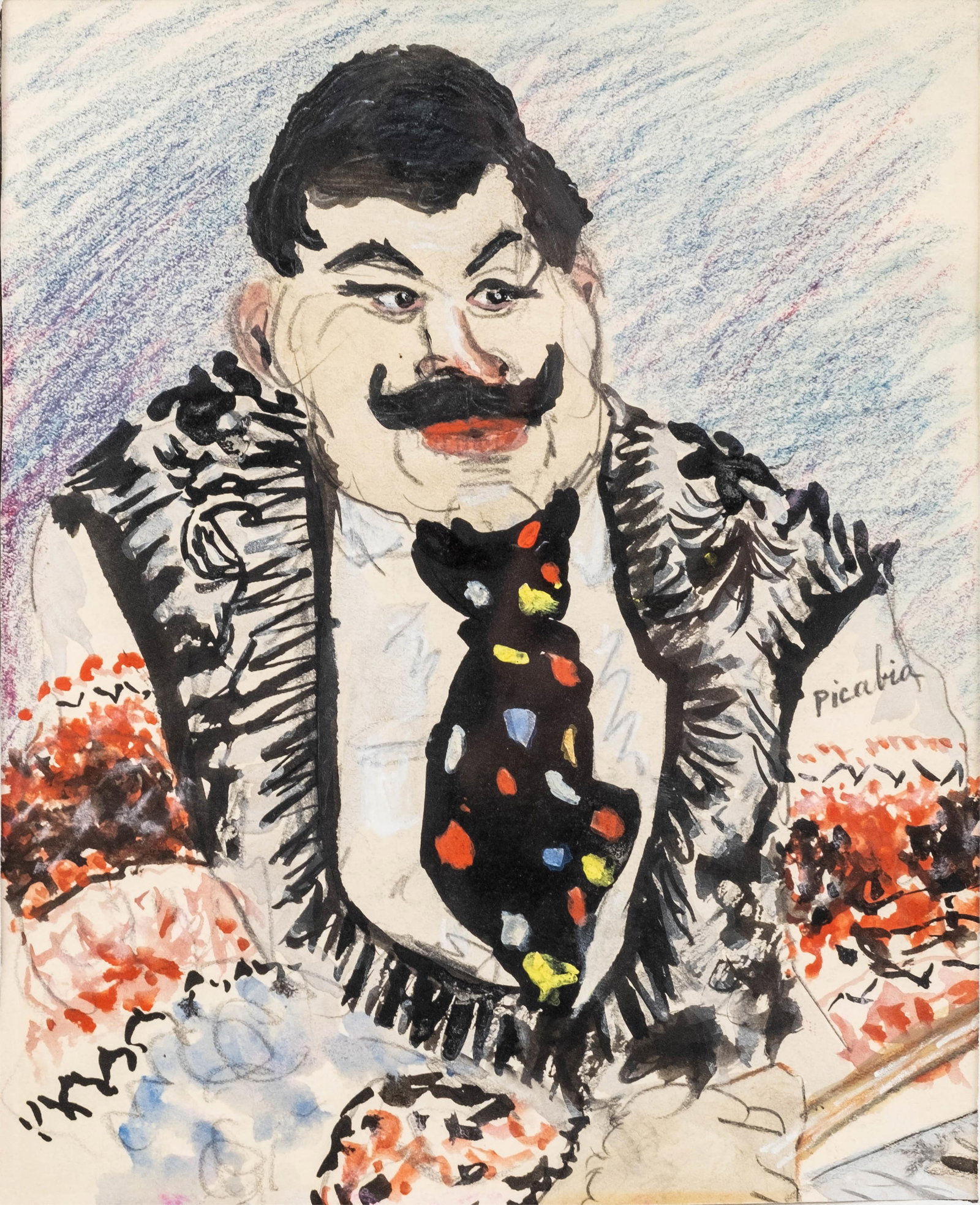 Francis Picabia Signed Portrait of a Gypsy Musician Watercolor and Ink on Paper Painting: Keywords: no reserve, portrait, watercolor, ink, crayon, modern art, French artist, male portrait, works on paper, signed art Summary: Signed Francis Picabia at right. Reverse bears inscriptions readi