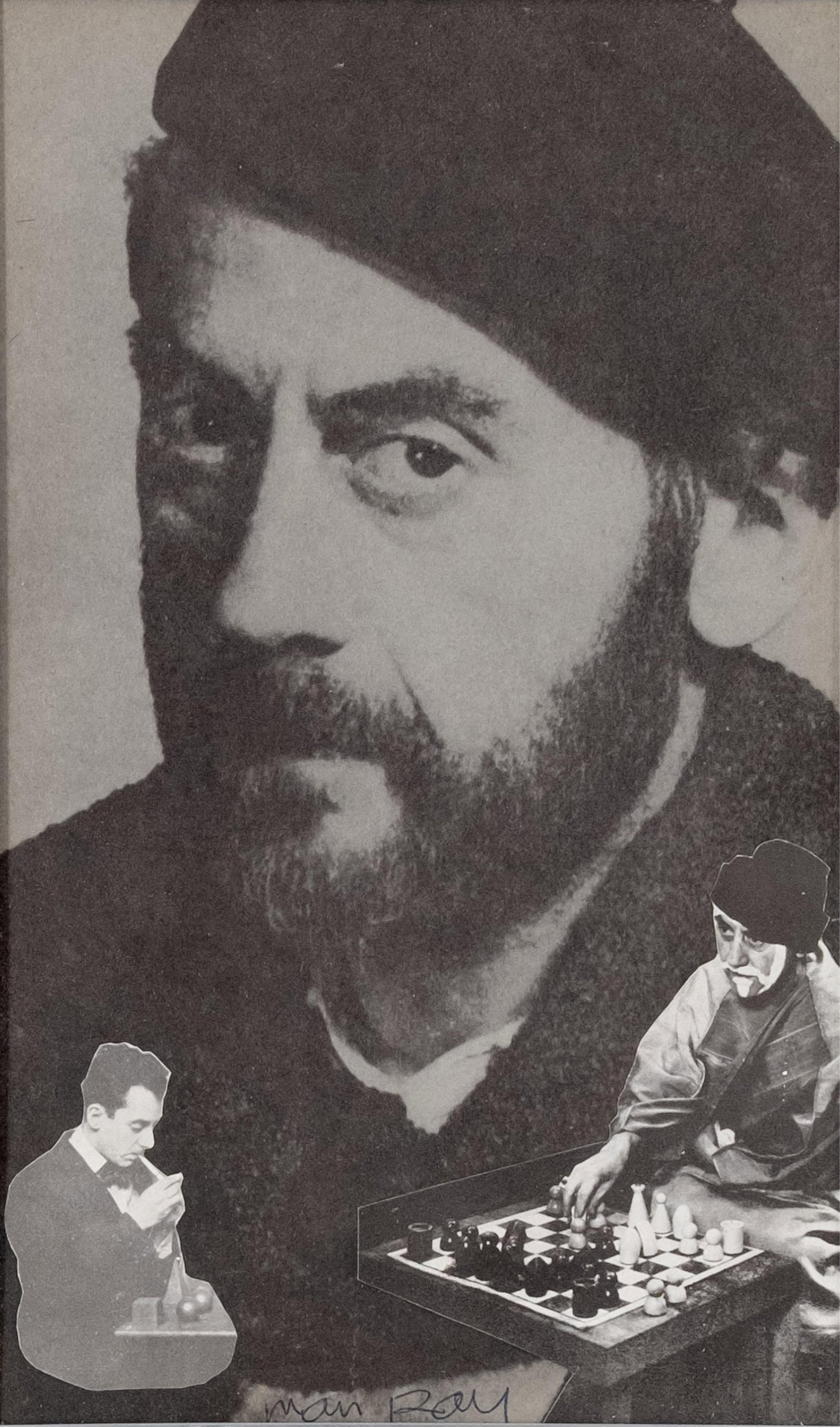 Man Ray (Emmanuel Radnitzky) Signed Photomontage Collage After the 1946 Self-Portrait w/ Christie's: Keywords: NO RESERVE, Surrealism, Dada, avant-garde, experimental photography, modernism, chess imagery, chess pieces, conceptual art, self-referential imagery, artistic identity, Paris art scene, 20t