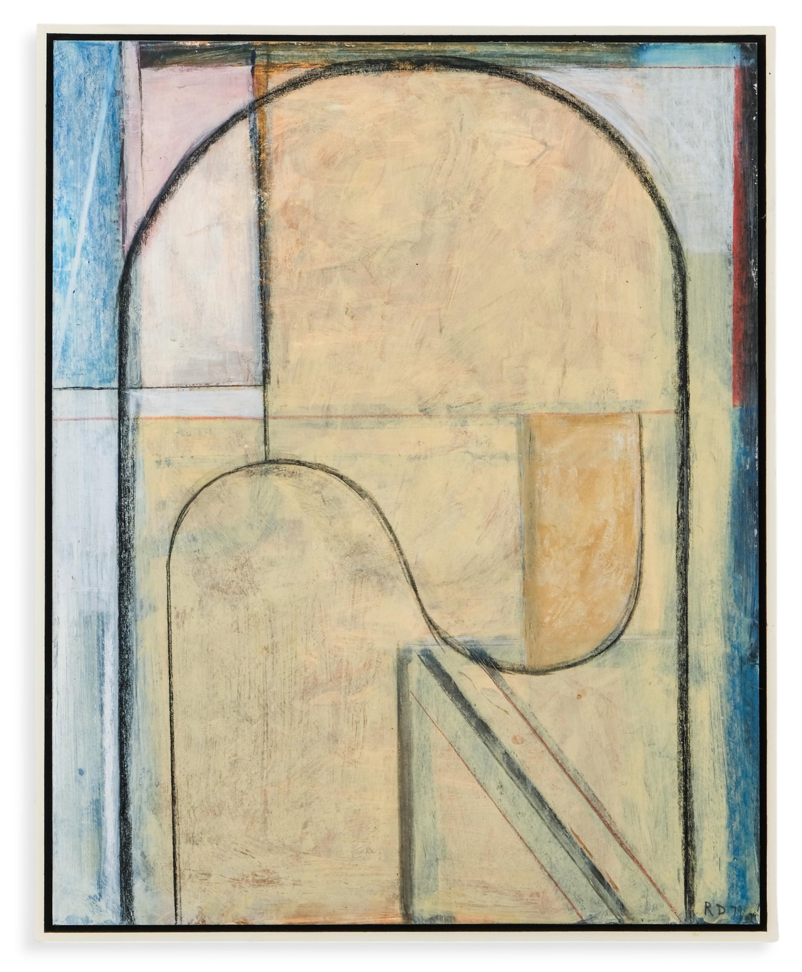 Richard Diebenkorn Abstract Geometric Oil Painting, Signed: Keywords: No Reserve, abstract geometric, modernist composition, contemporary wall art, pastel palette, architectural forms, framed artwork Summary: Richard Diebenkorn mixed media oil painting on pape