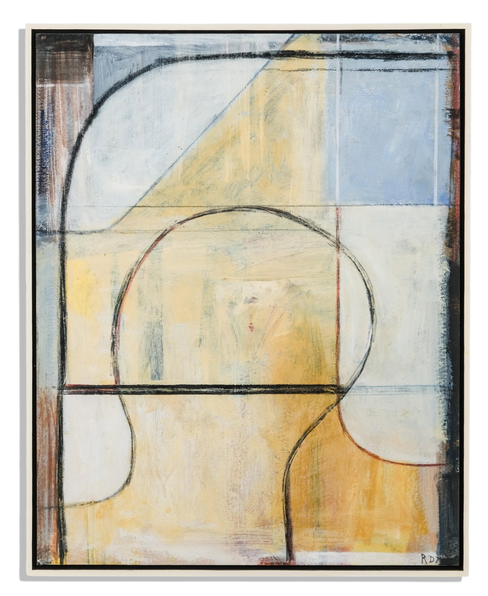 Richard Diebenkorn Abstract Geometric Oil Painting, Signed: Keywords: No Reserve, abstract geometric, modernist composition, contemporary wall art, pastel palette, architectural forms, framed artwork Summary: Richard Diebenkorn mixed media oil painting on pape