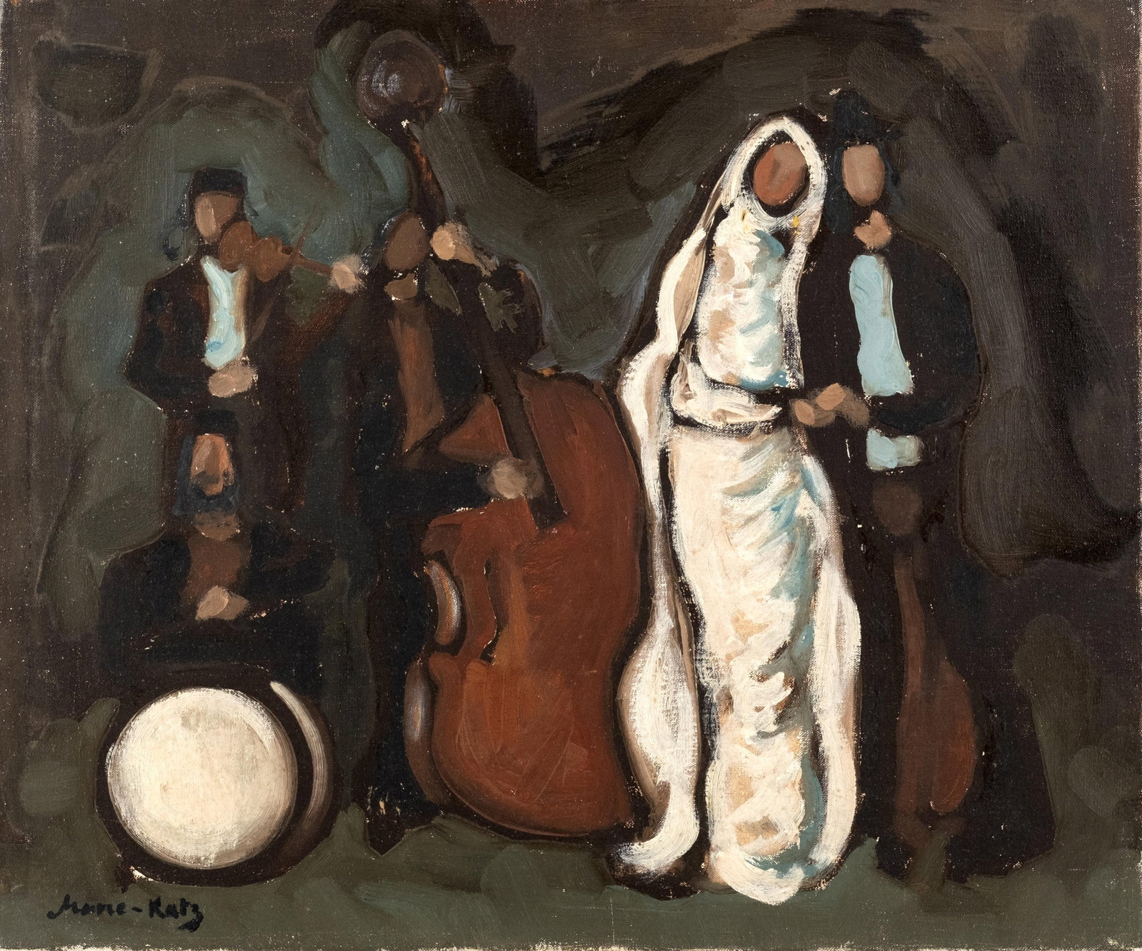Emmanuel Mané-Katz Jewish Bride and Groom at the Orchestra Painting, Signed: Keywords: No Reserve, orchestra, musicians, Judaica, figurative painting, expressionist painting, oil on canvas, signed painting, modern art, ceremonial scene Summary: Emmanuel Mané-Katz painting tit