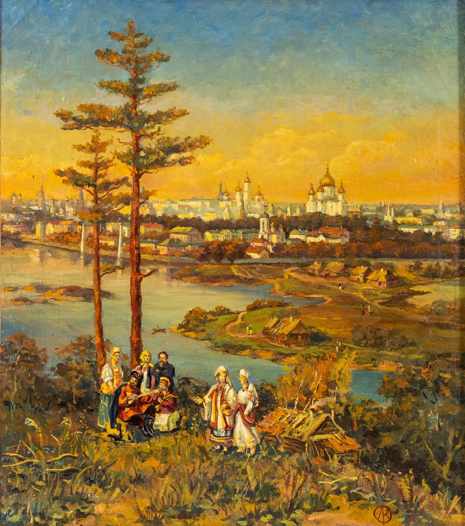 V. E. Orlov Russian School Cityscape Oil on Canvas Painting, Signed with Monogram: Keywords: No Reserve, Moscow, Sparrow Hills, Russian landscape, cityscape, figures, cathedral skyline, river view, villagers, pastoral foreground, oil painting, signed monogram, framed Summary: V. E. 