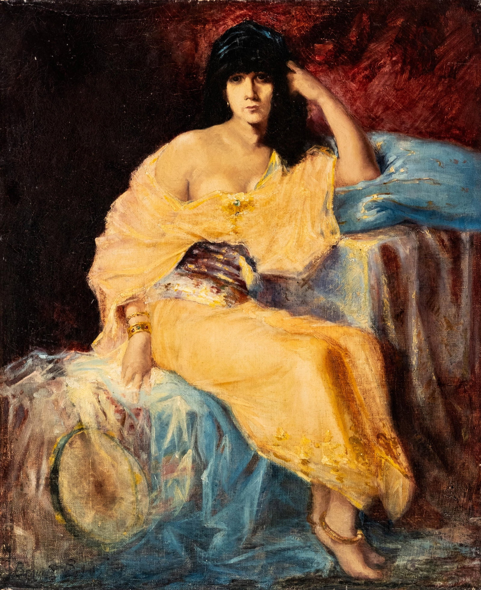 Frederick A. Bridgman Attributed Signed Orientalist Seated Woman in Yellow Dress Oil on Canvas (1 of 10)