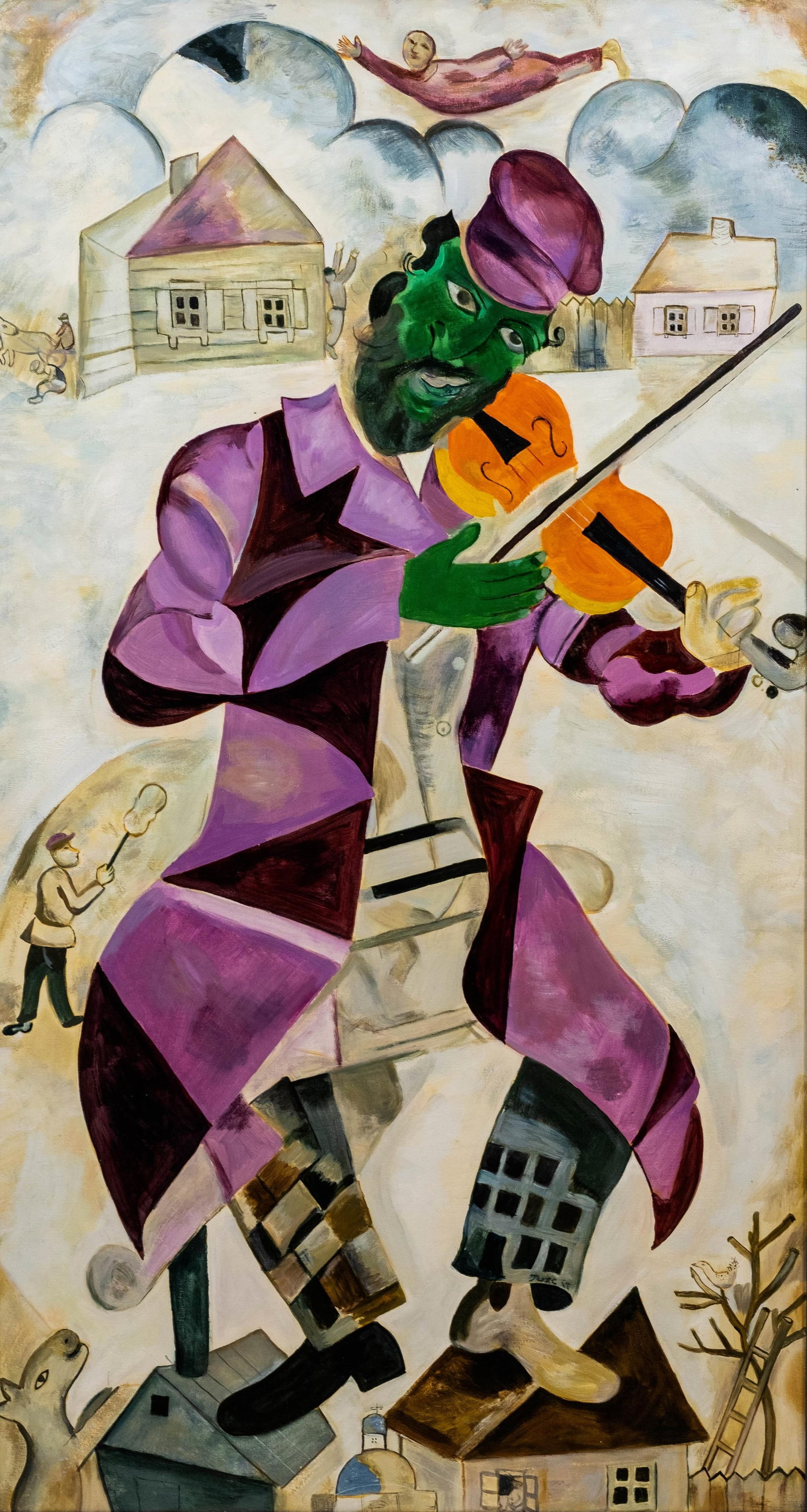 Large Unknown 20th Century Russian Artist, Fiddler Composition After Chagall, Oil on Board Painting (1 of 11)