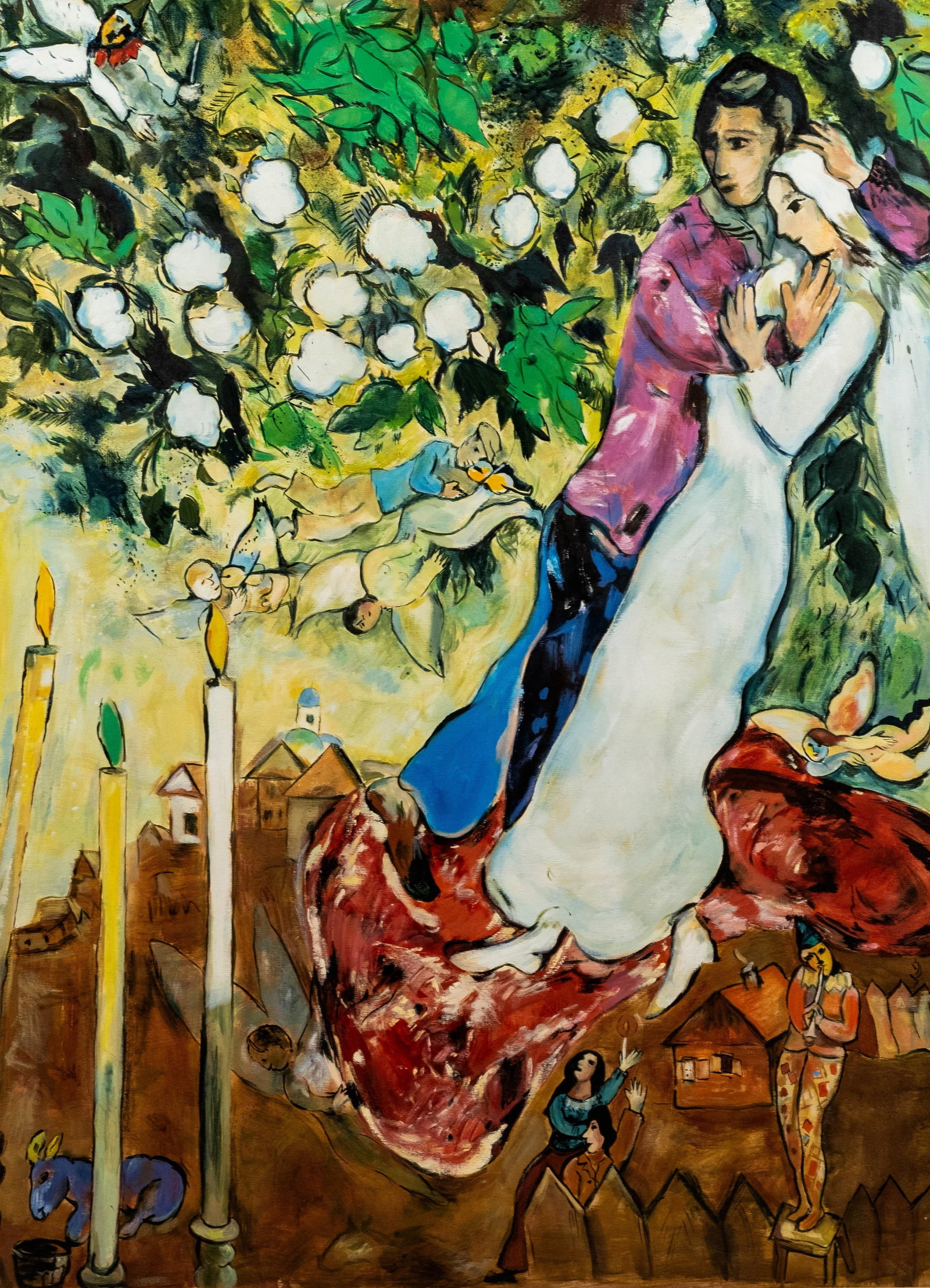 Unknown 20th Century Artist, “The Three Candles After Chagall, Oil on Board Painting: Keywords:NO RESERVE, village scene, modernist composition, Jewish theme, oil on board, framed painting, 20th century art Summary: Unknown 20th century artist . Oil on board painting, a variant of Marc