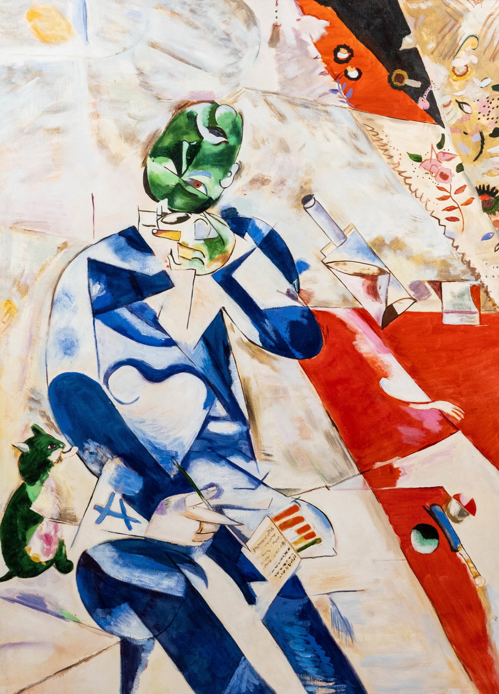 Unknown 20th Century Artist, “Half-Past Three (The Poet)" Composition After Chagall, Oil on Board: Keywords: NO RESERVE, figure composition, modernist painting, blue figure, surrealist imagery, fantastical scene, oil on board, framed painting, 20th century art Summary: Unknown 20th century artist o