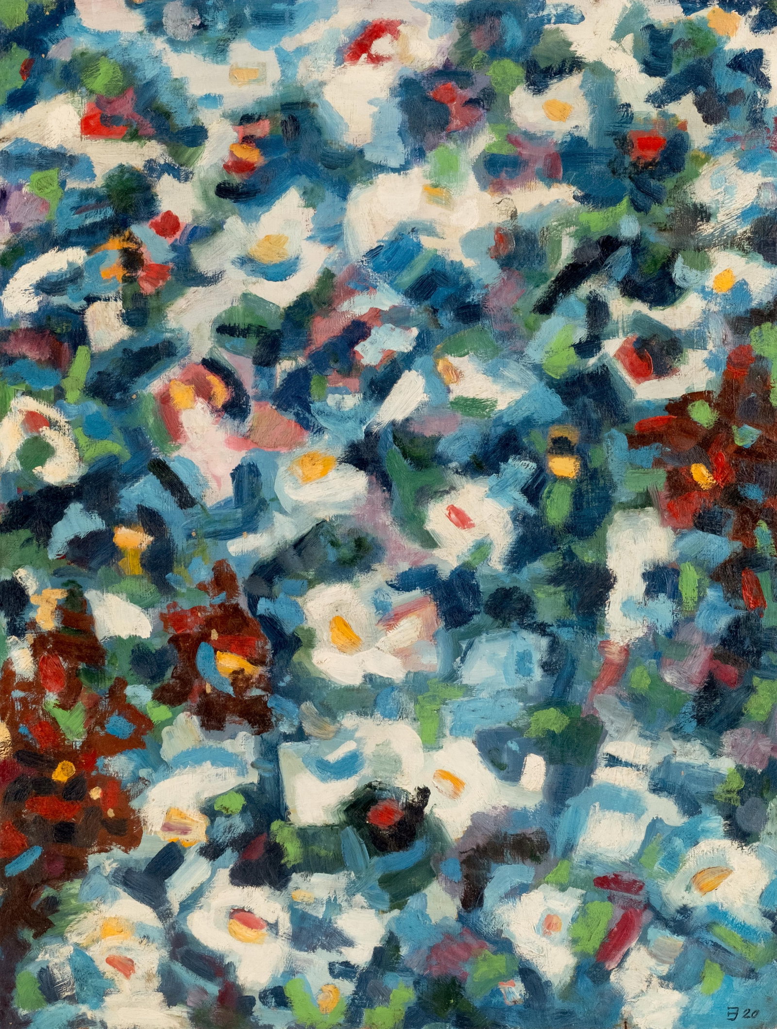 Suprematist-Influenced Russian Federation Floral Abstraction Painting, Dated 1920, Monogrammed: Keywords: NO RESERVE, floral abstraction, Russian modernism, abstract flowers, 20th century art, monogrammed, oil on panel, modernist composition Summary: Unknown Russian Federation artist floral abst
